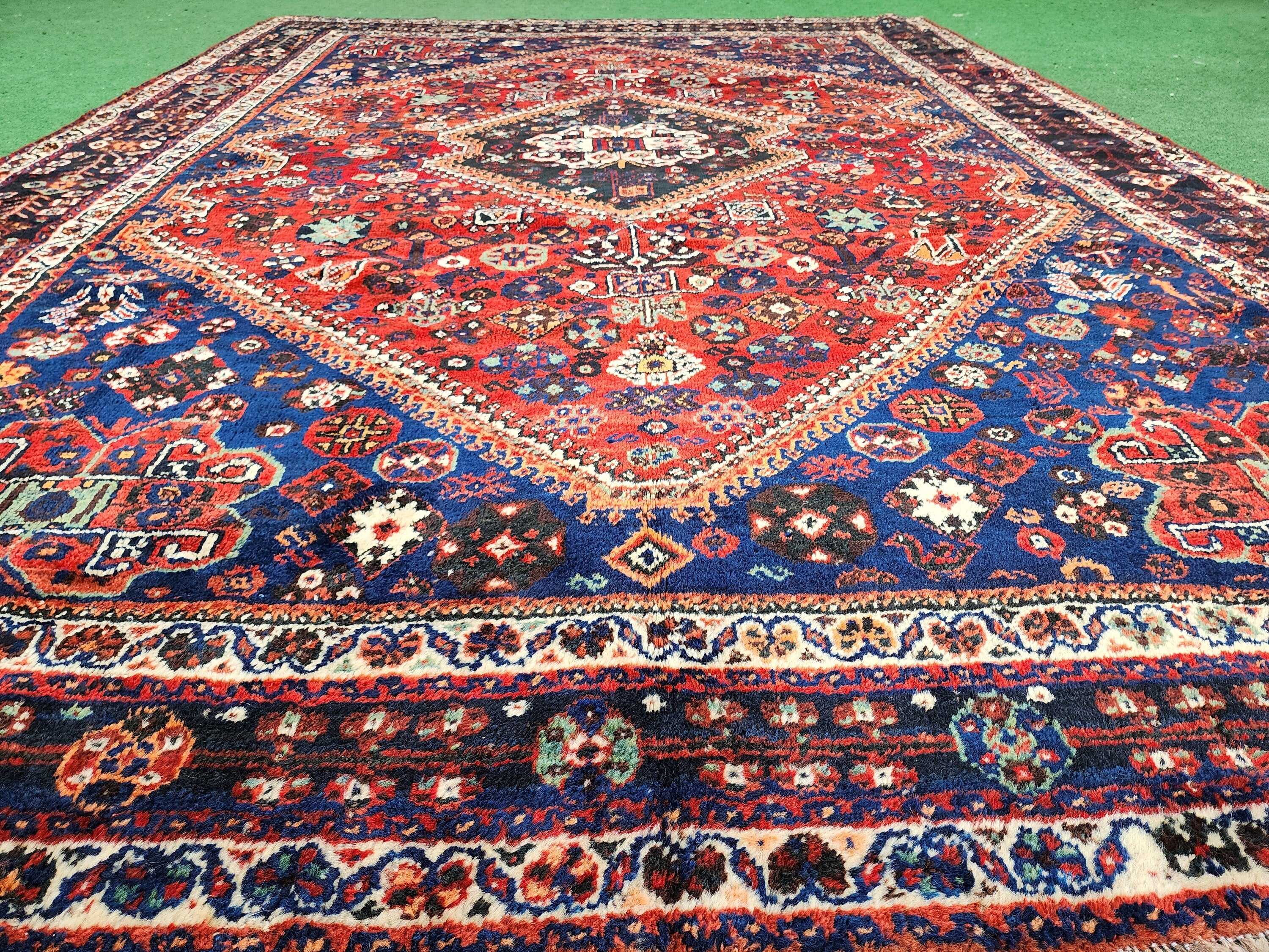 Red and Blue Antique Persian Area Rug 10 x 7 ft Vintage Turkish Tribal Natural Wool Rug, Recycled Oriental Design Rustic Bohemian Floor Rug