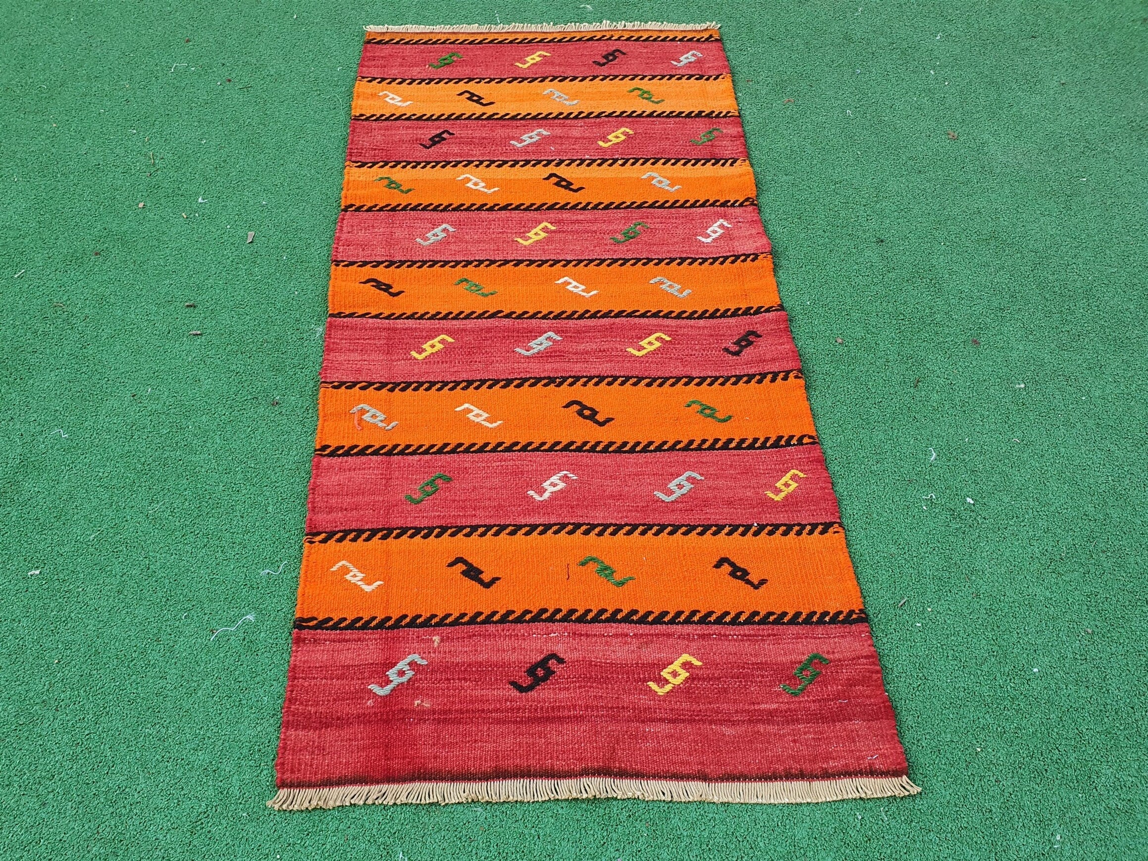 Turkish Kilim Rug, 4 ft 3 in x 2 ft Small Orange and Brown Striped Cicim Embroidered Kilim