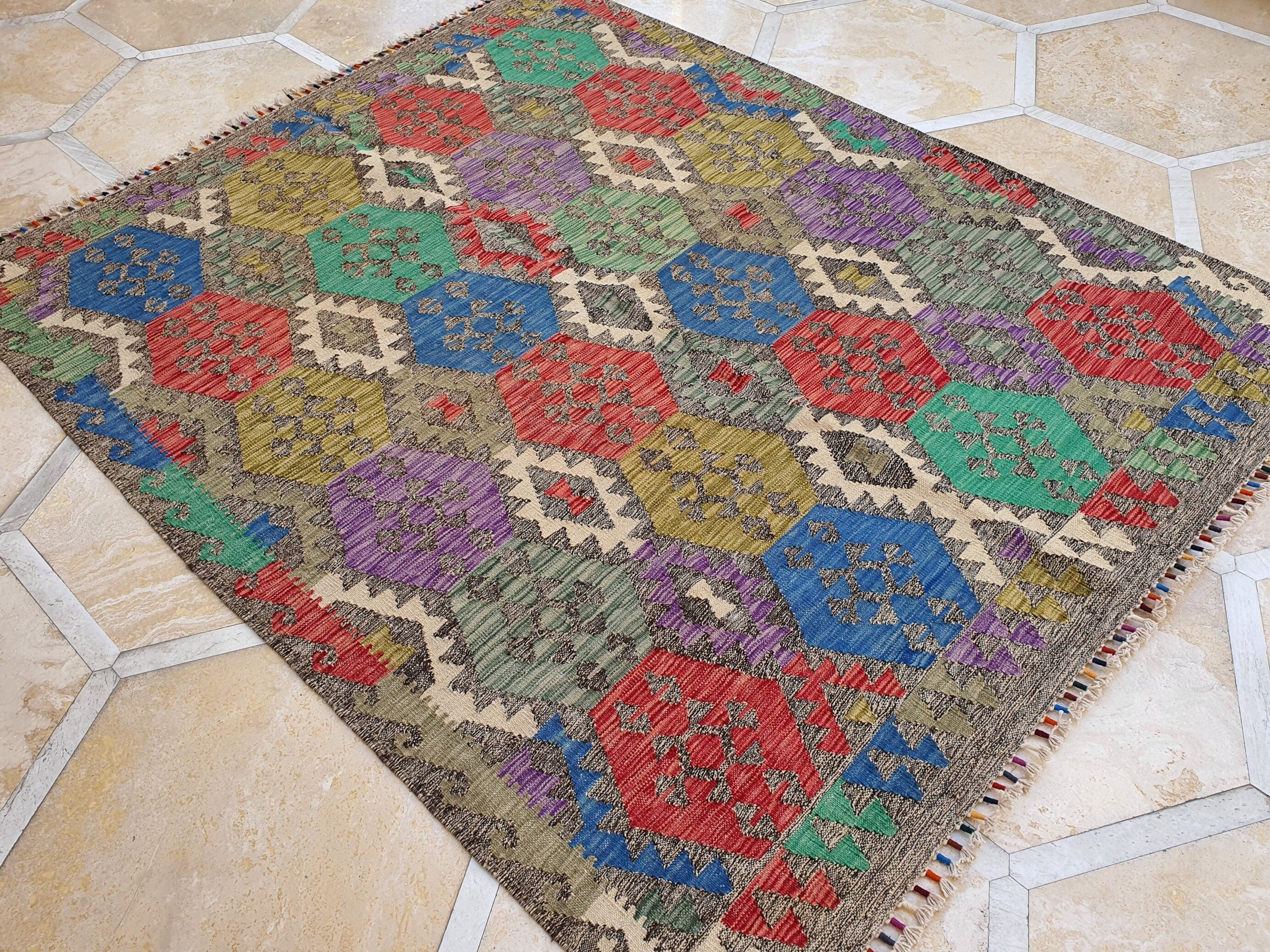 Vintage Rug Afghan Kilim, Turkish Carpet Moroccan Rug, Rustic Decor Bohemian Rug, Persian Carpet Handmade Rug, Recycled Floor Rug 6'3"x5'1"