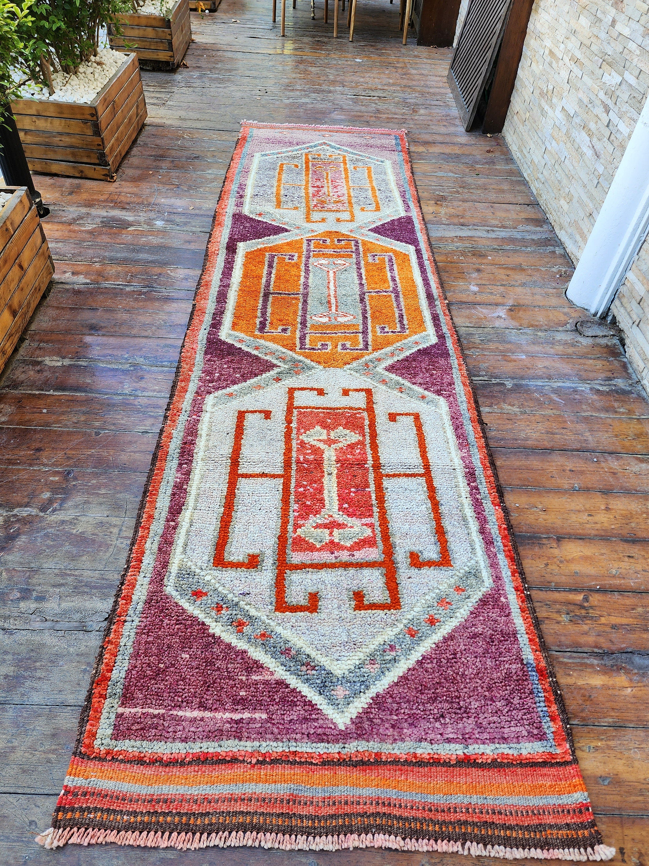 Pale Turkish Oushak Hallway Runner Rug, Bohemian Rustic Decor Distressed Muted Color Rug, Handmade Natural Wool Persian Area Rug  10'9"x2'9"