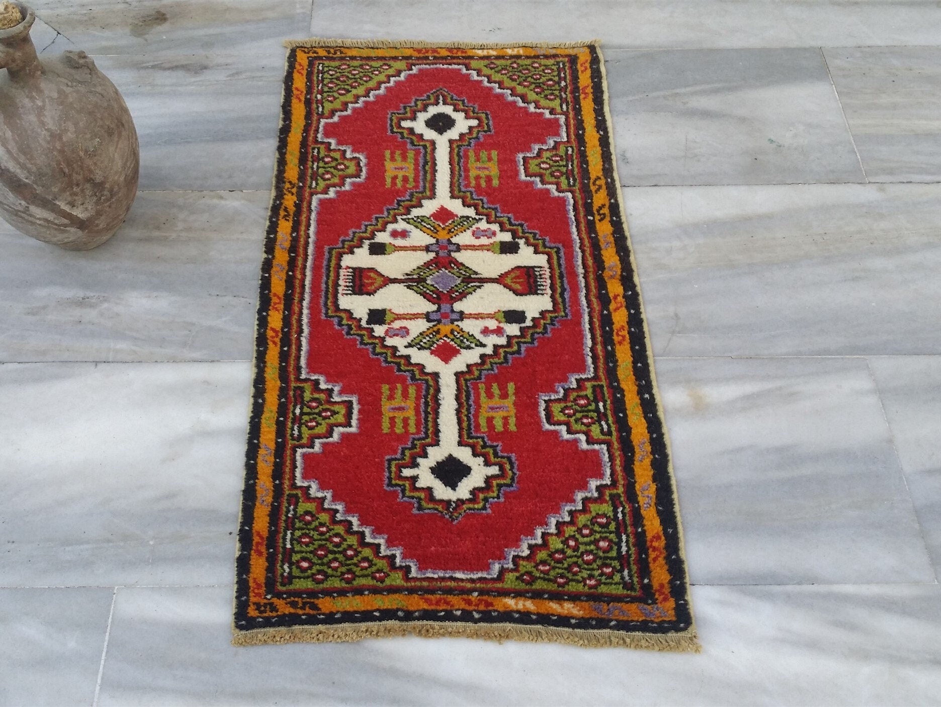 Small Turkish Rug 3 ft 1 in x 1 ft 6 in, Distressed Antique Wash Vintage Rug