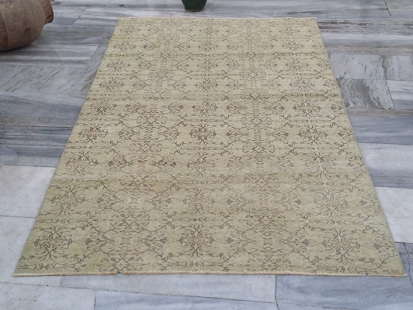 Pale Turkish Rug, Distressed Oushak Rug 7'1"x4'2"