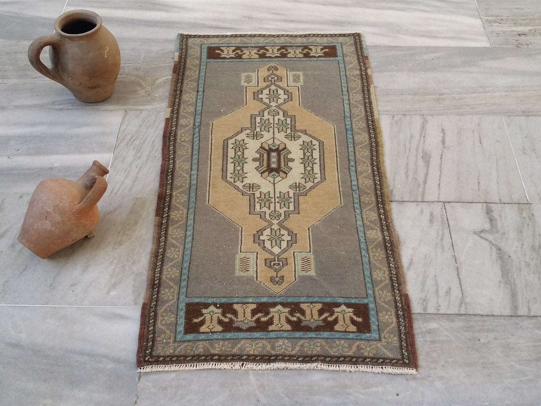 Small Turkish Rug 3 ft 5 in x 1 ft 8in, Distressed Faded Vintage Oushak Mat