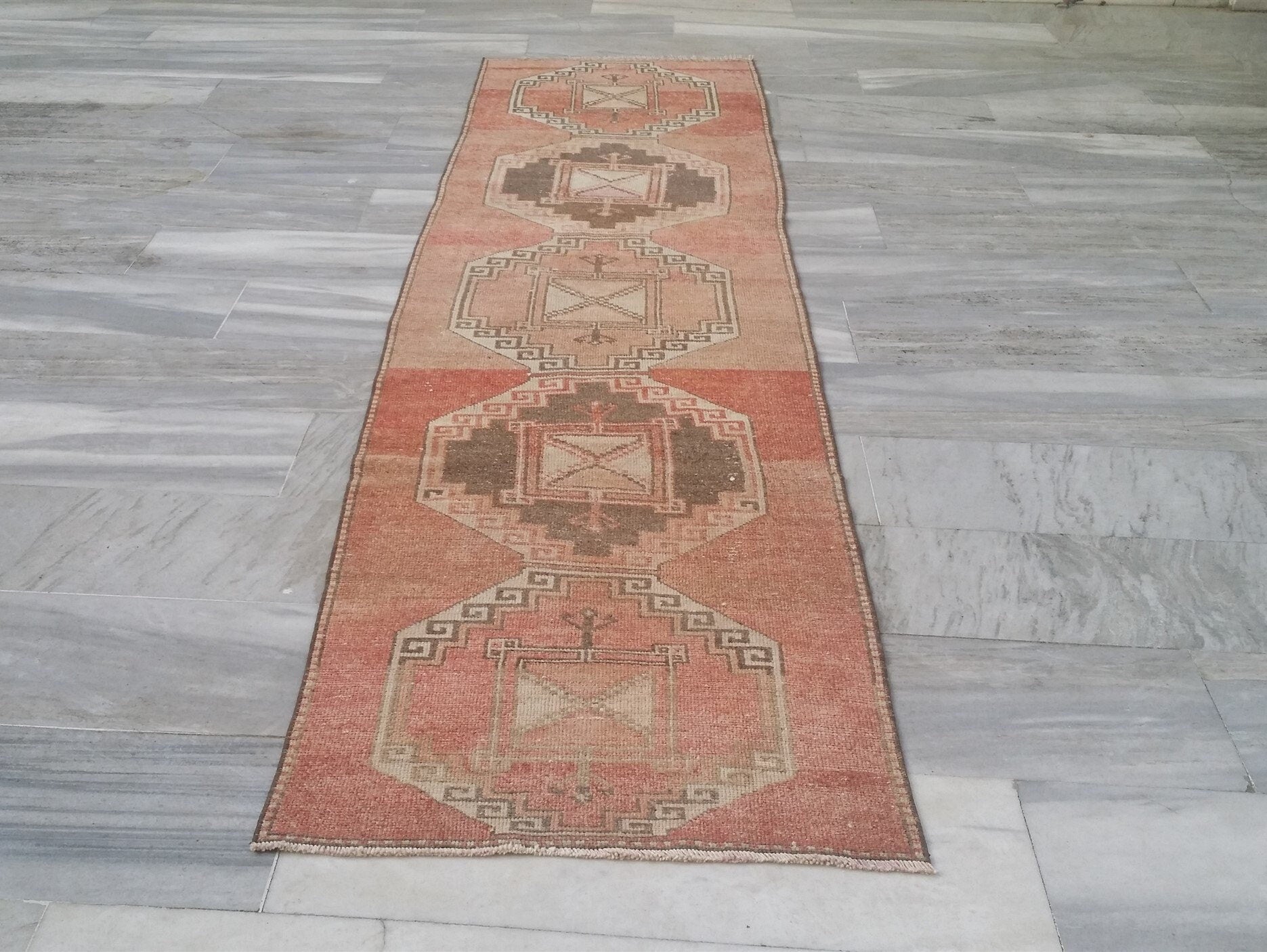Pale Turkish Oushak Hallway Runner Rug, Bohemian Rustic Decor Distressed Muted Color Rug, Handmade Natural Wool Persian Area Rug 11’3”*2’8”