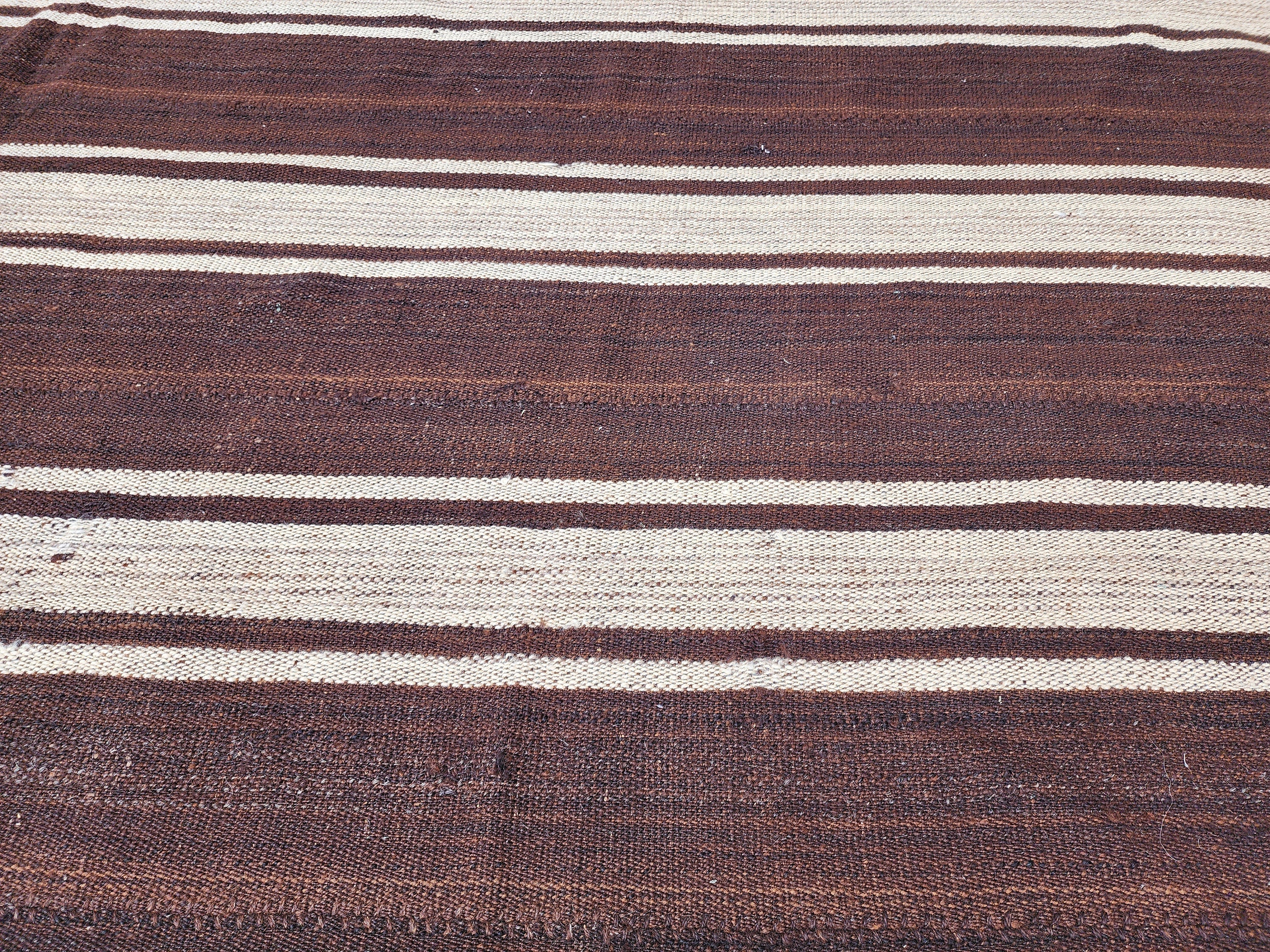 Brown and White Striped Turkish Kilim Rug, 8 x 6 ft Natural Wool Vintage Flatweave Rug for Boho Retro Living Room Decor, Persian Area Rug
