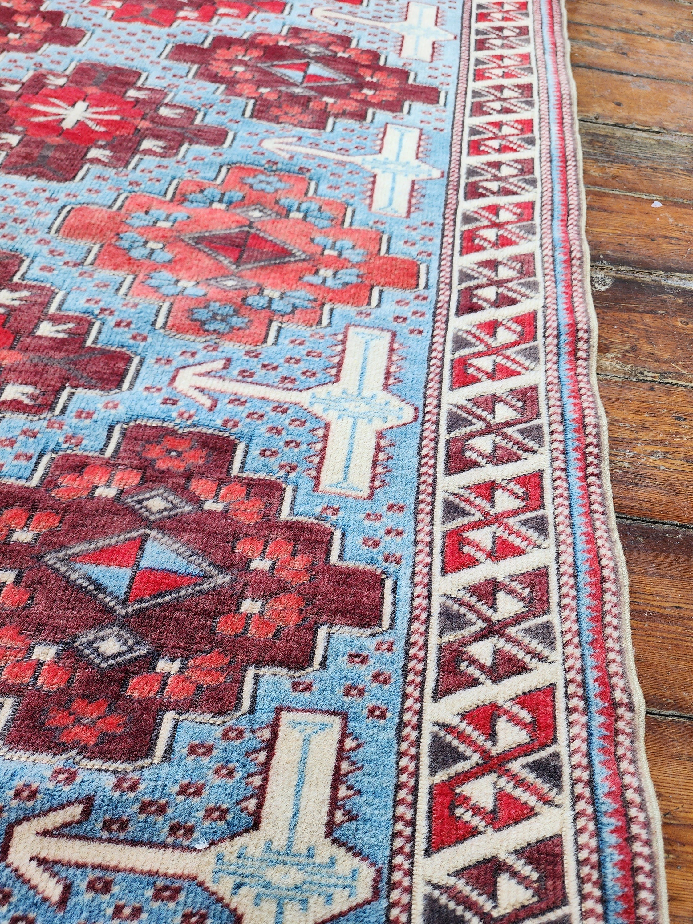 Red, Blue and White Vintage Turkish Rug 3'5'' x 5'7''