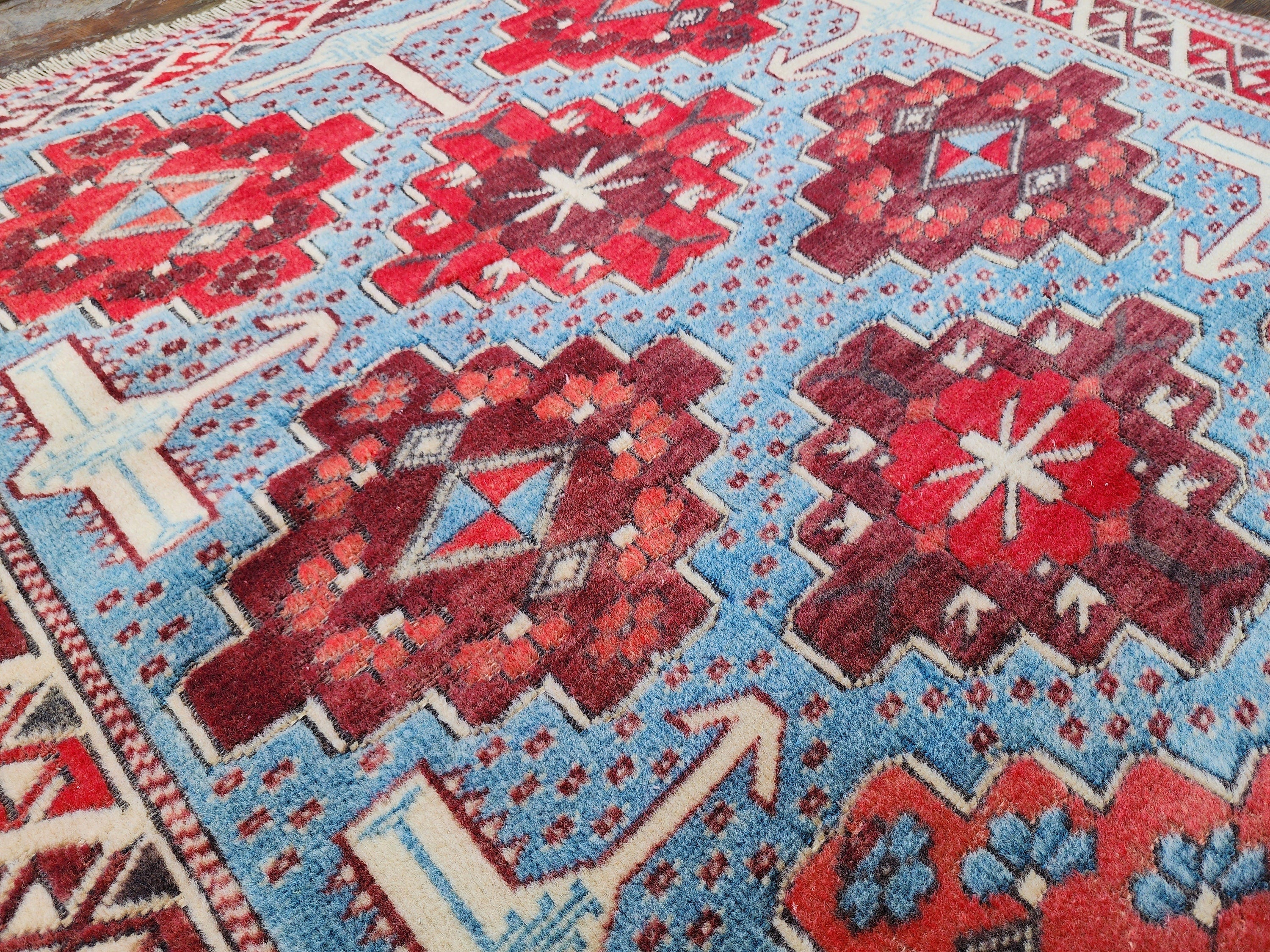 Red, Blue and White Vintage Turkish Rug 3'5'' x 5'7''