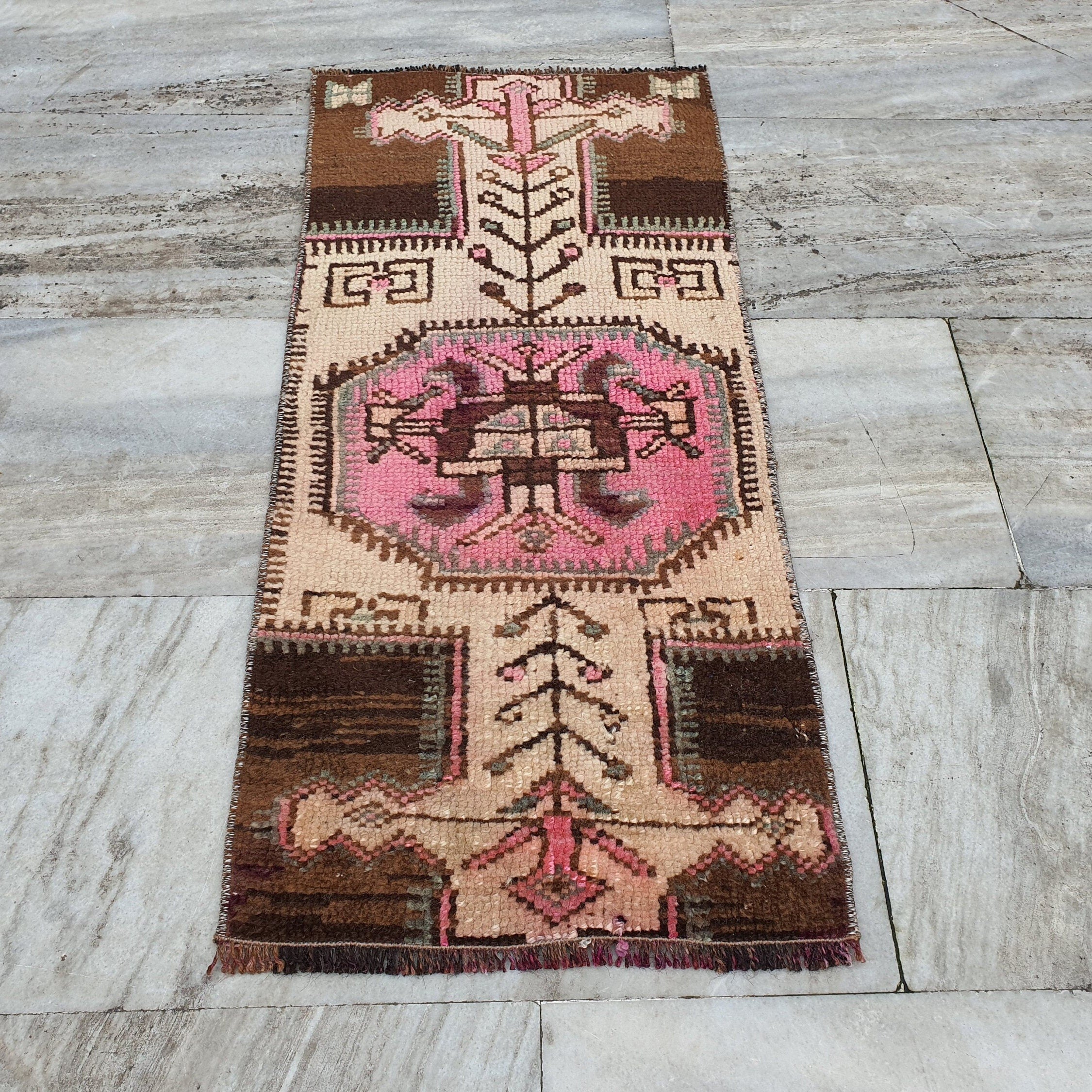 Small Turkish Rug, 3 ft x 1 ft 4 in, Distressed Faded Vintage Mat