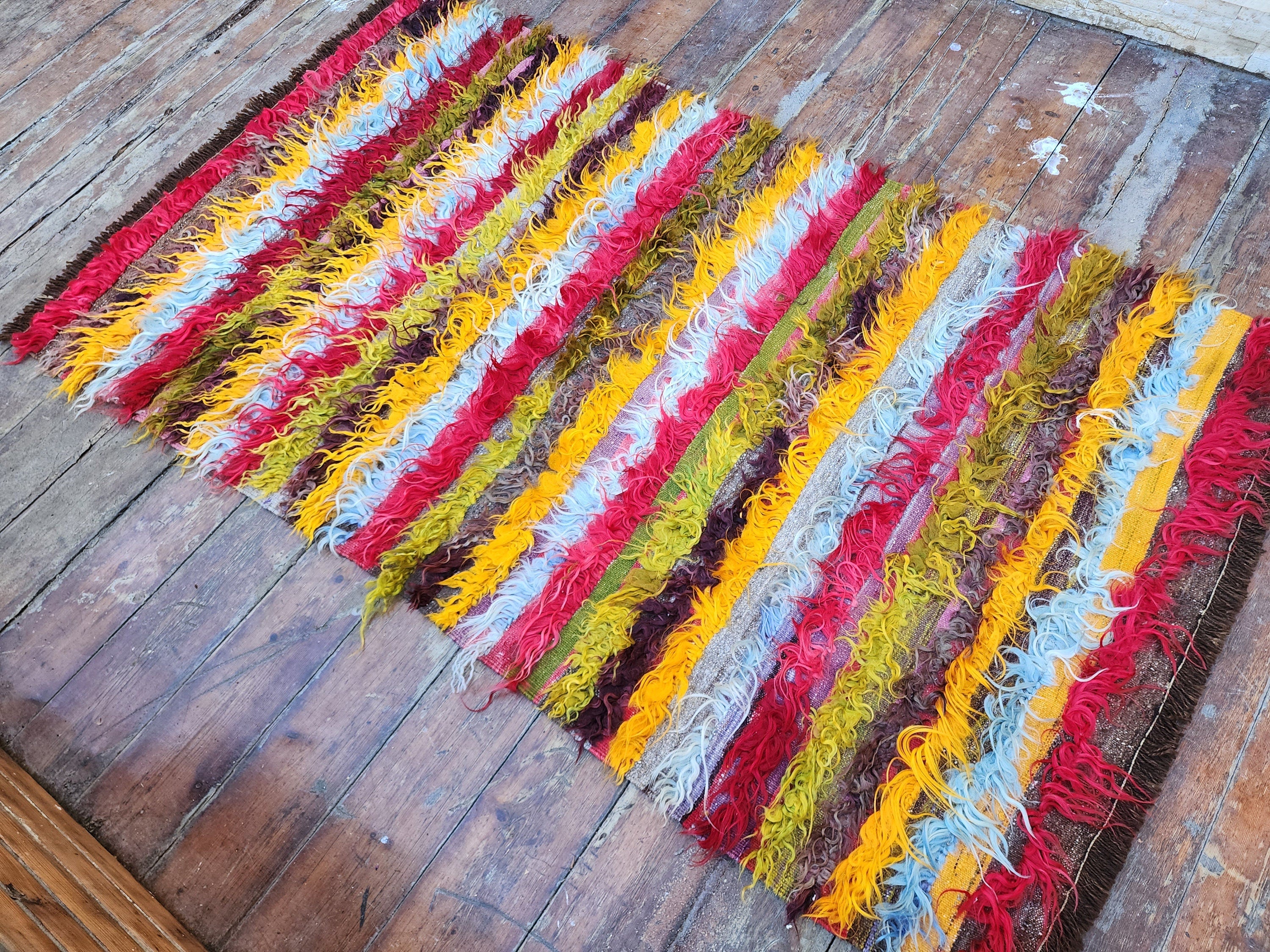 Turkish Filikli Kilim Rug, 5 ft 9 in x 3 ft 5 in, Orange, Blue, Red and Green Tulu Shaggy Rug