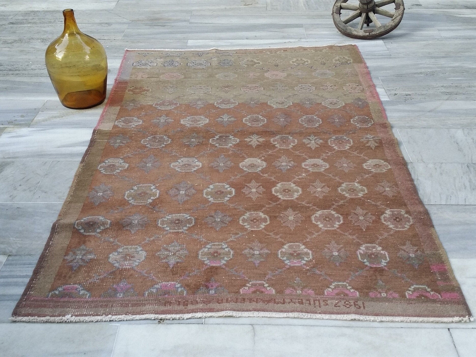 Brown and Cream Vintage Turkish Rug 7 x 4 ft