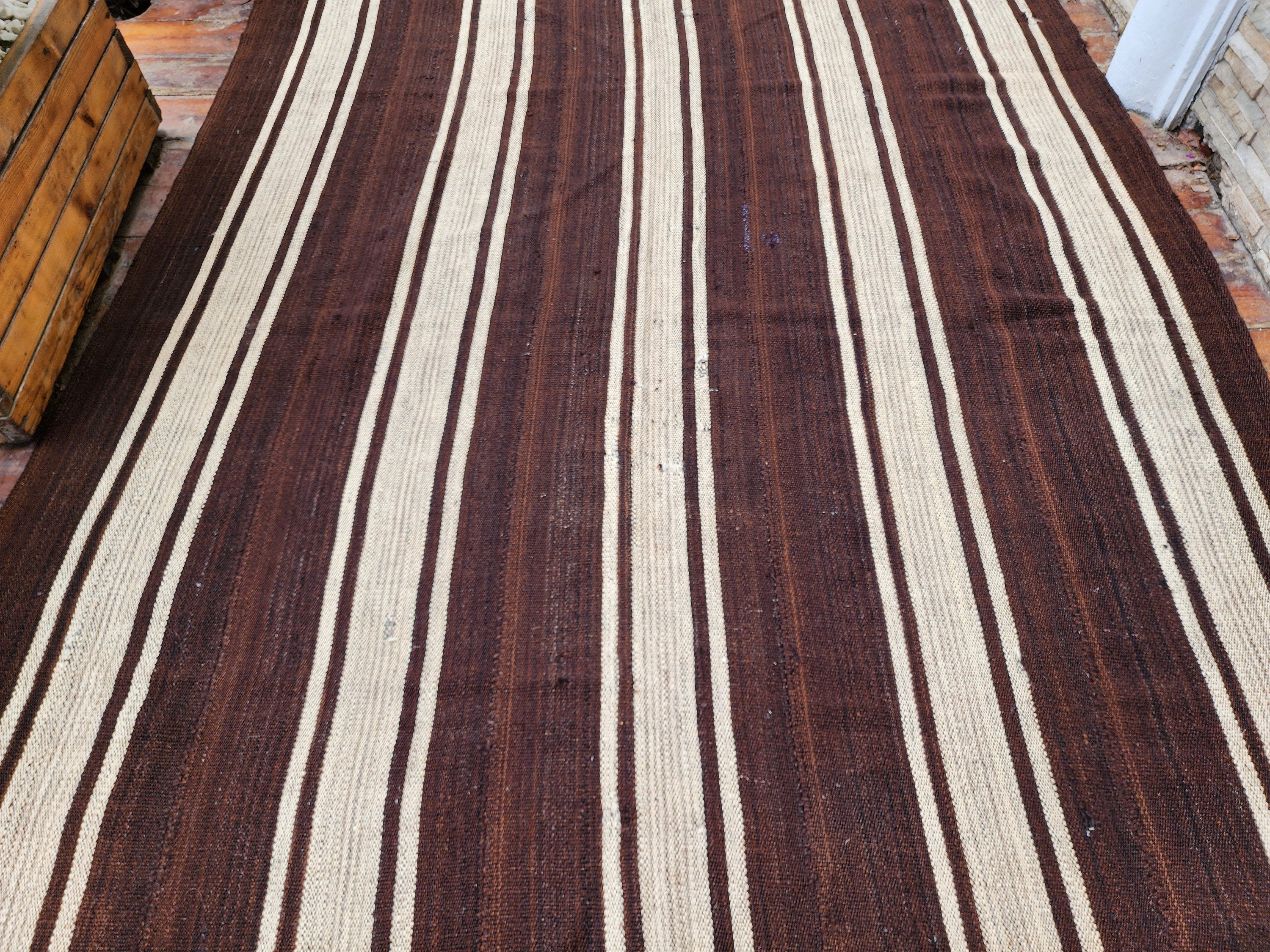Brown and White Striped Turkish Kilim Rug, 8 x 6 ft Natural Wool Vintage Flatweave Rug for Boho Retro Living Room Decor, Persian Area Rug