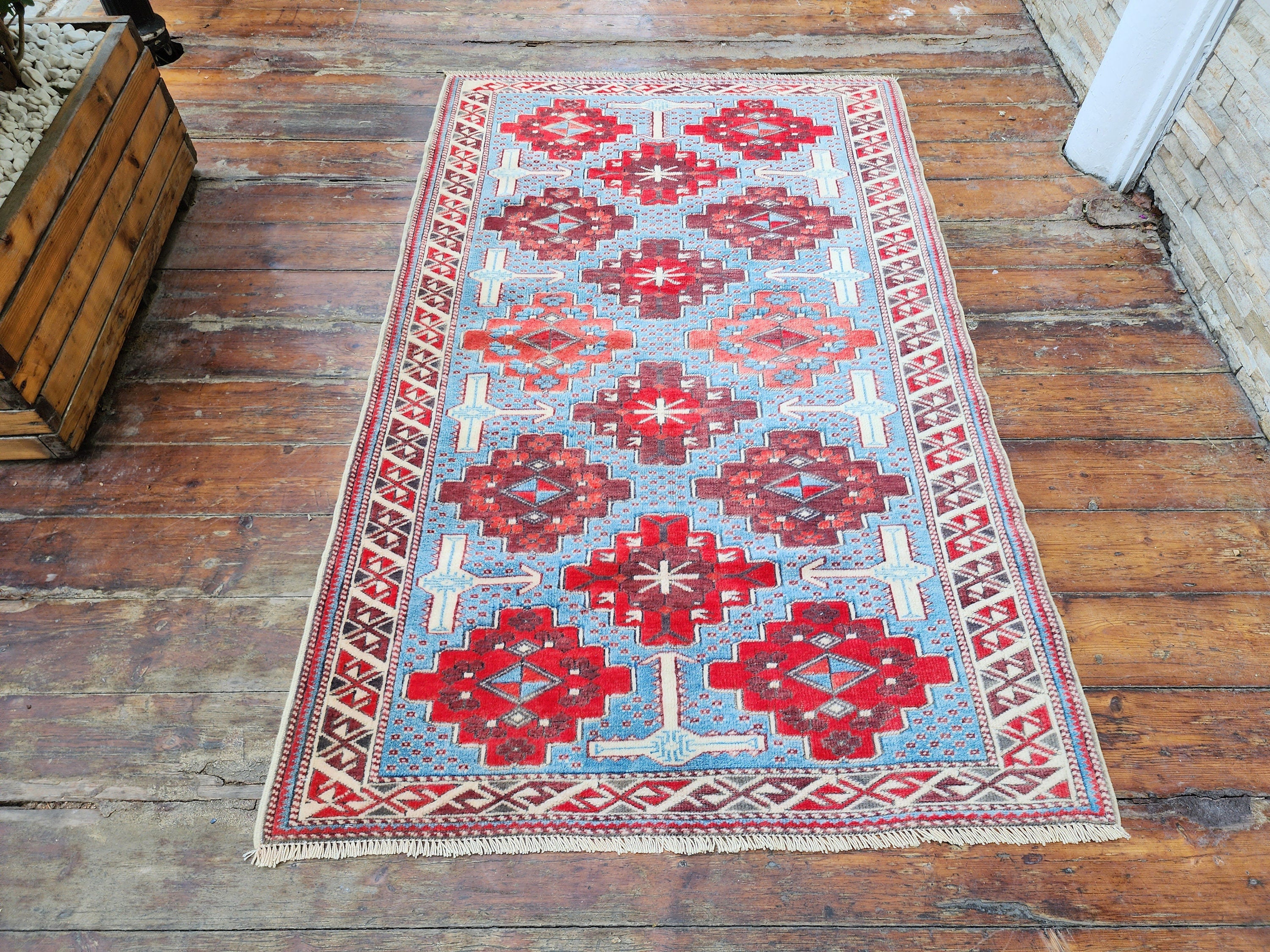 Red, Blue and White Vintage Turkish Rug 3'5'' x 5'7''