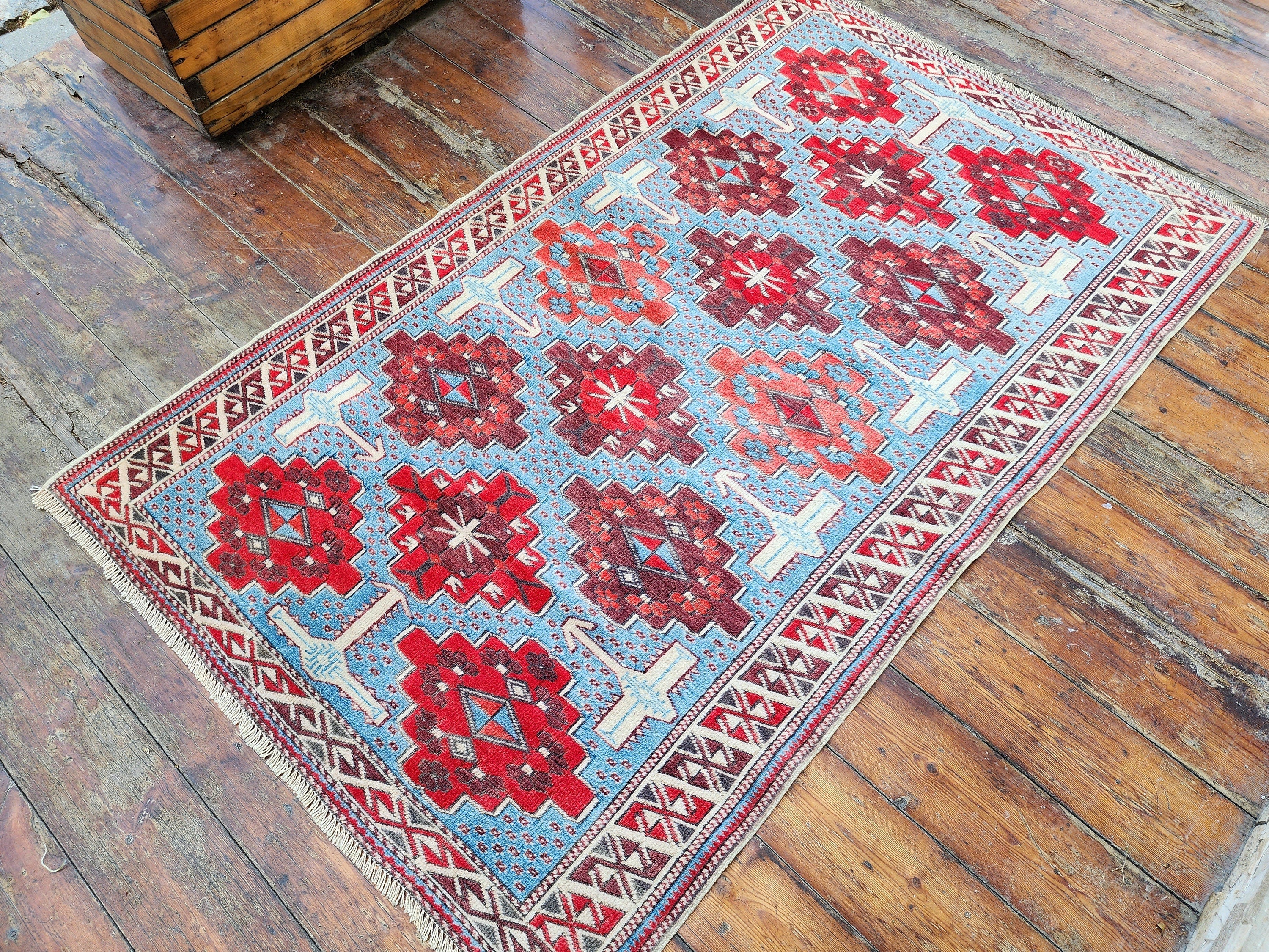 Red, Blue and White Vintage Turkish Rug 3'5'' x 5'7''