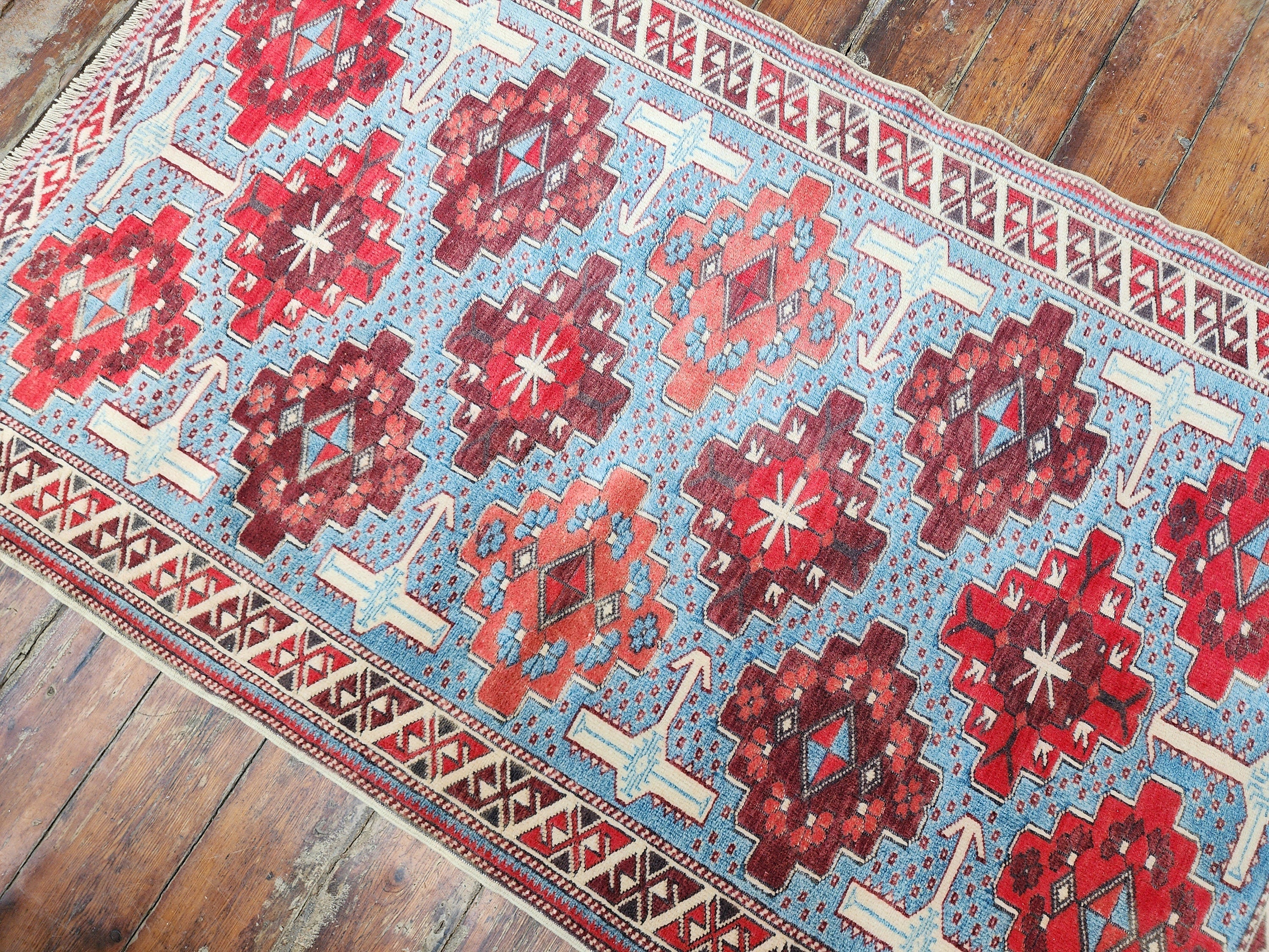 Red, Blue and White Vintage Turkish Rug 3'5'' x 5'7''