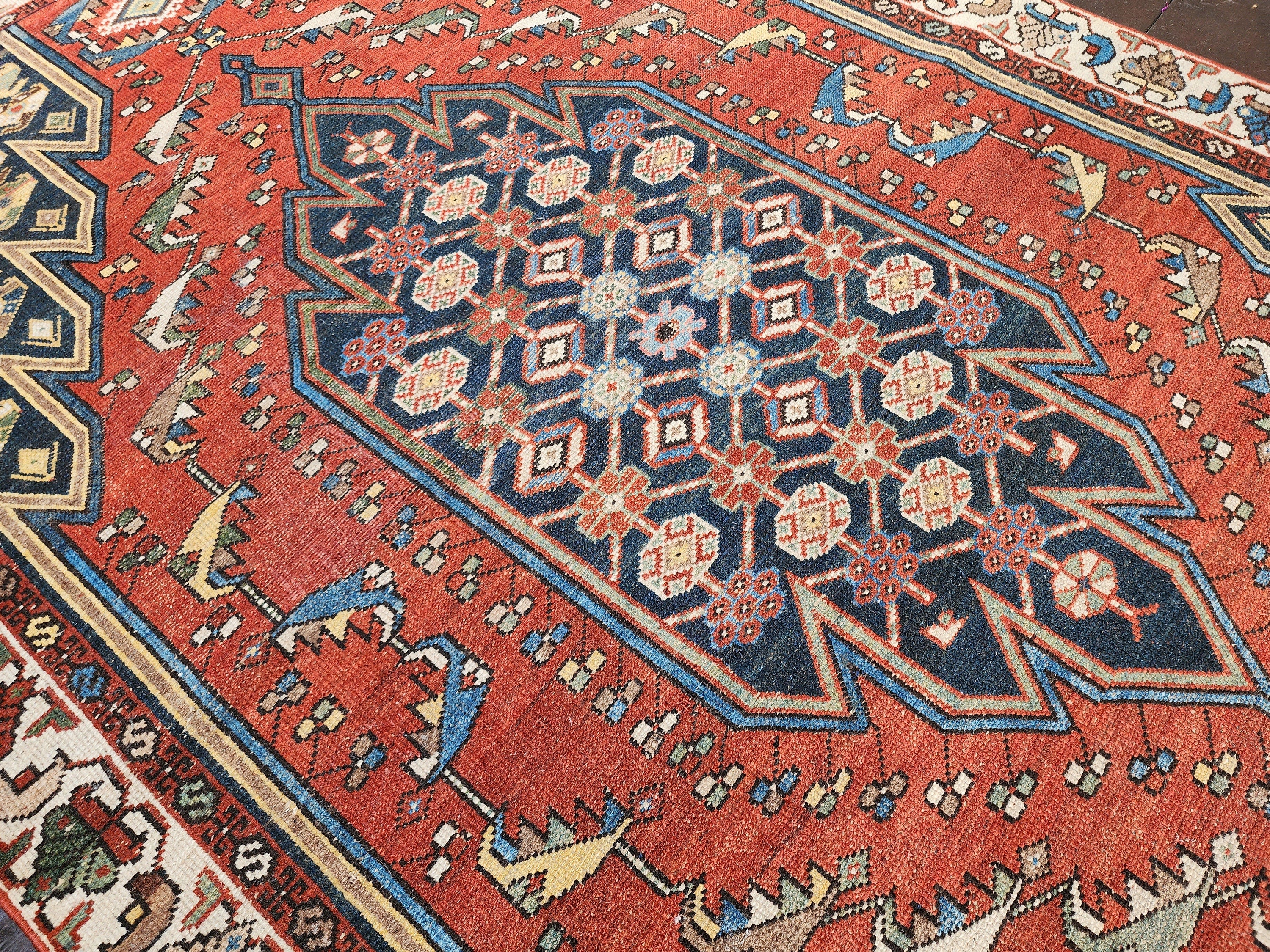 Orange Blue and Beige Natural Wool Vintage Persian Rug 6'2'' x ''4''