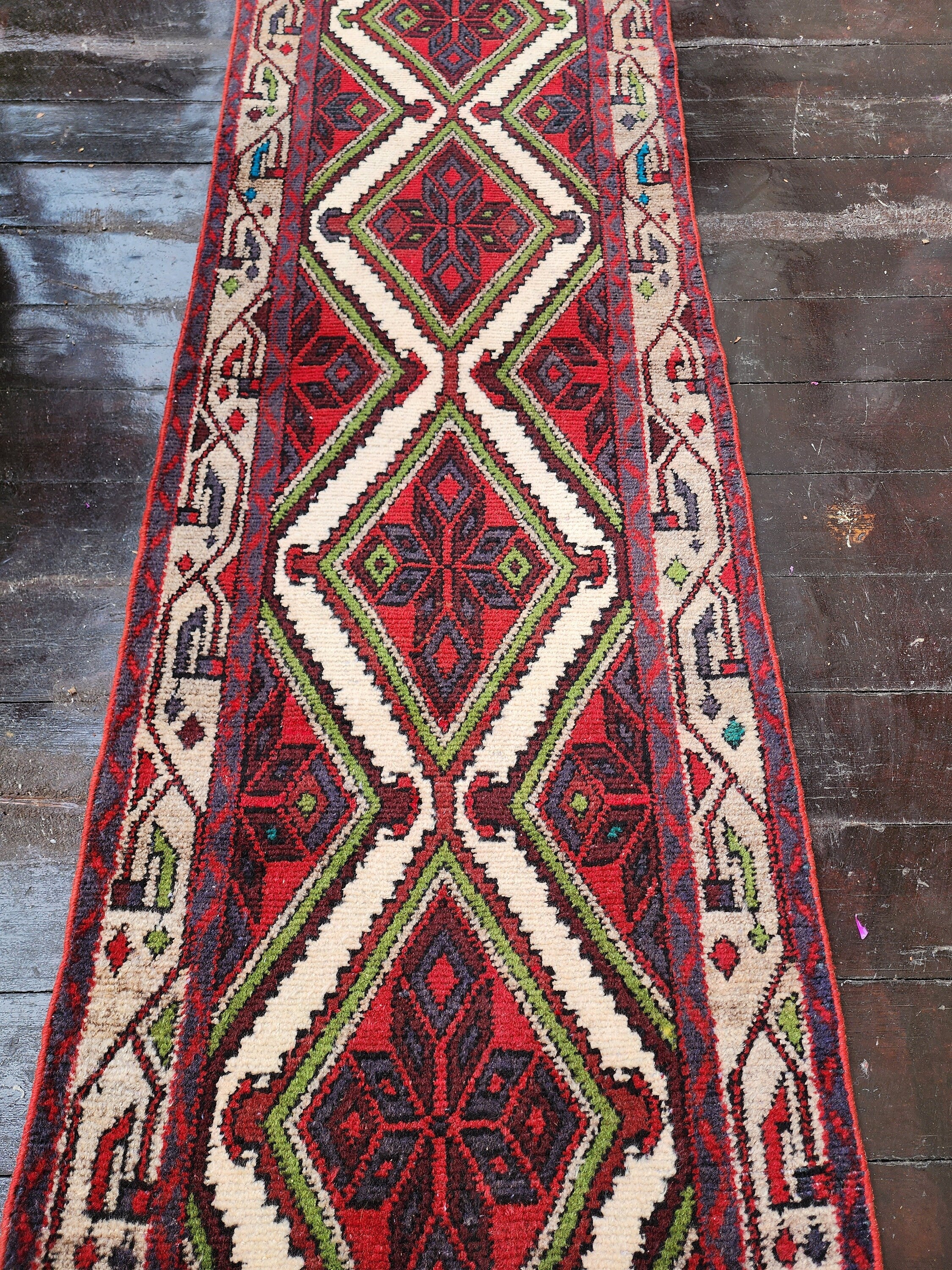 Persian Hallway Long Runner Rug 8 x 2 ft Red White Green Vintage Turkish Natural Wool Recycled  Rug, Boho Rustic Decor Antique Entryway Rug