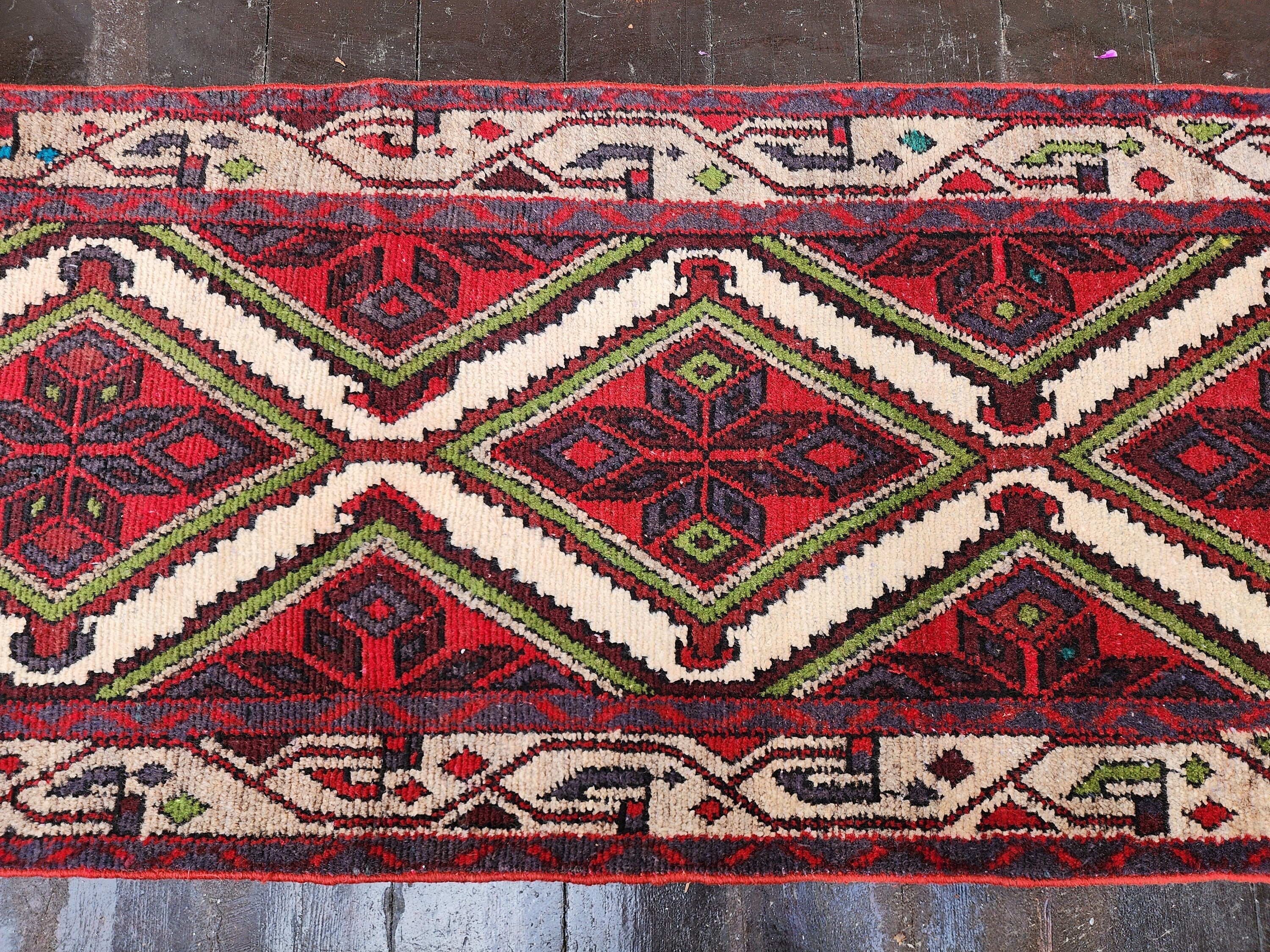 Persian Hallway Long Runner Rug 8 x 2 ft Red White Green Vintage Turkish Natural Wool Recycled  Rug, Boho Rustic Decor Antique Entryway Rug