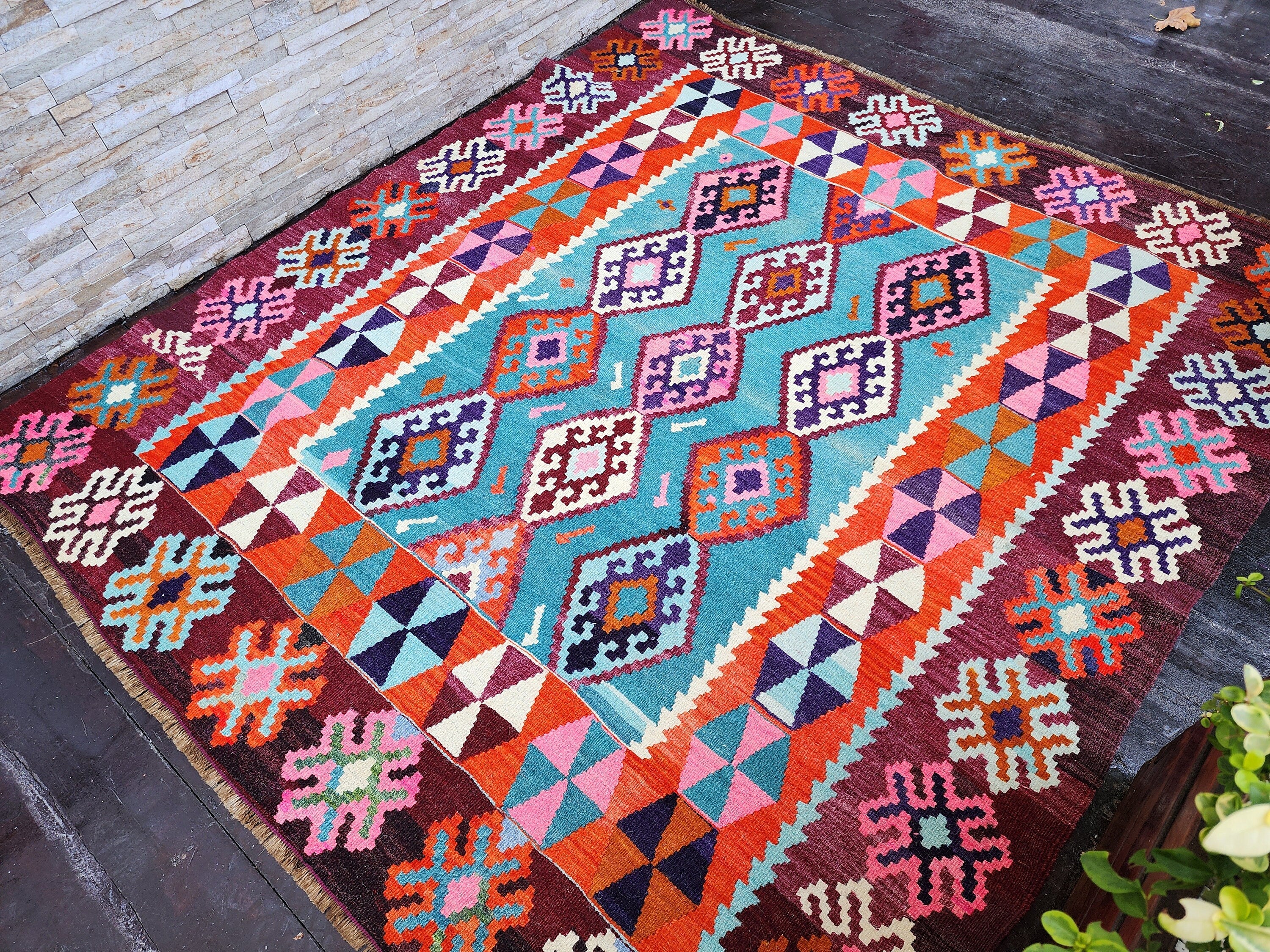 Turkish Kilim Rug 6'7''x6'1'' Green Orange Brown Natural Wool Handmade Vintage Rug