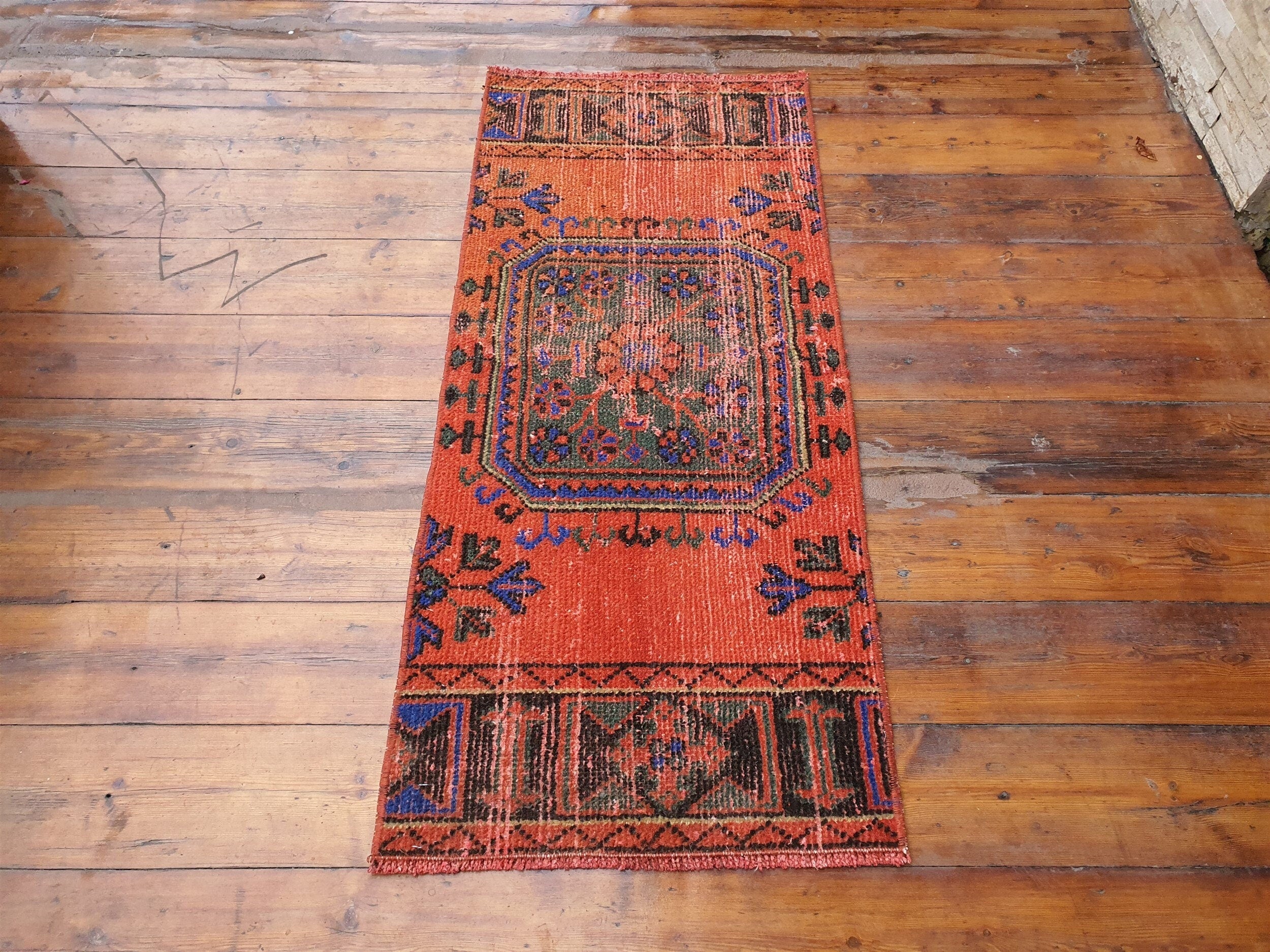 Small Turkish Rug, 4 ft x 1 ft 7 in, Apricot Orange and Teal Green / Grey Vintage Faded Distressed Door Mat