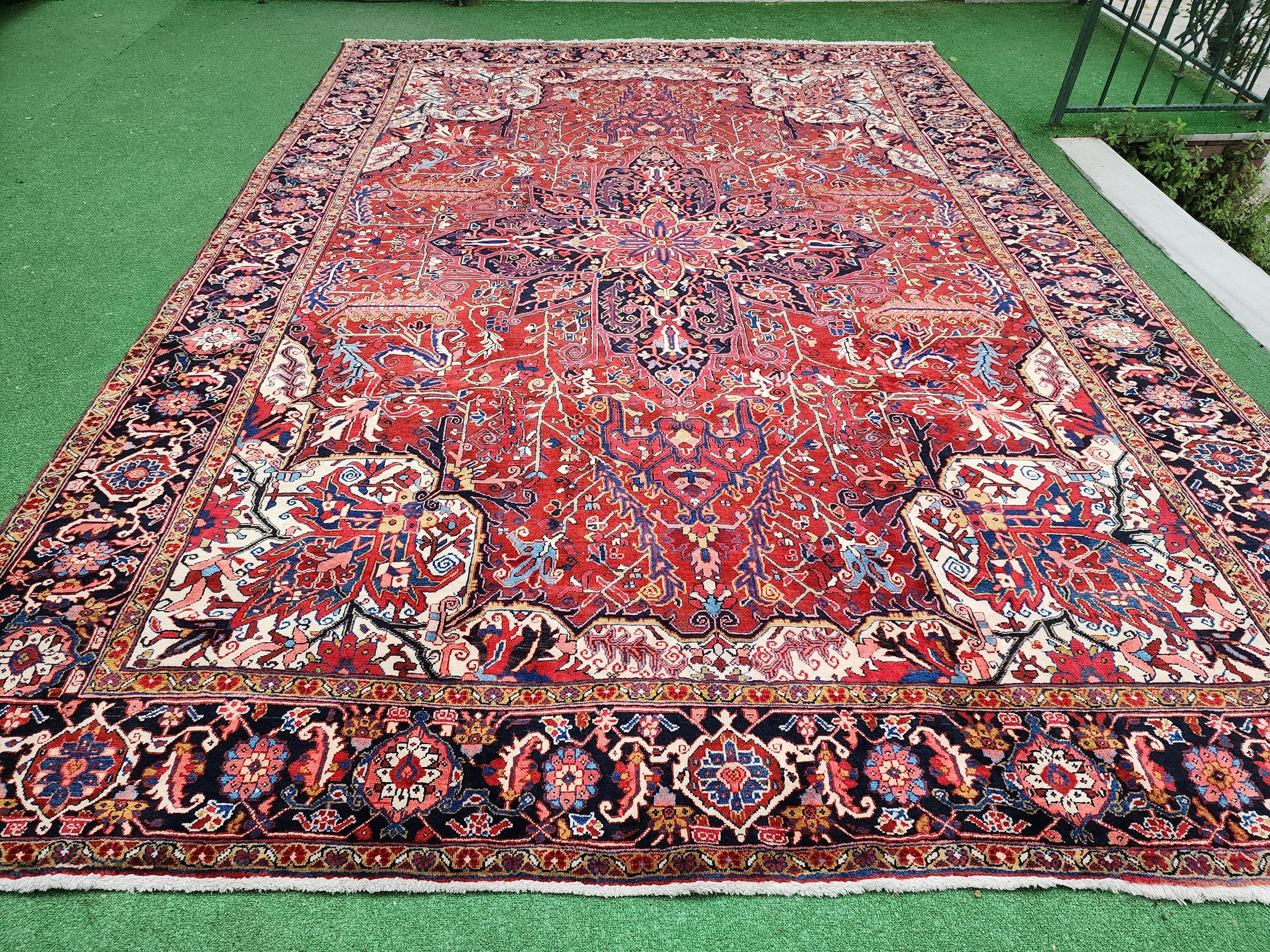 Red and Blue Persian Area Rug, 13 x 9 ft Vintage Turkish Tribal Organic Wool Rug, Recycled Oriental Design Rustic Floor Rug