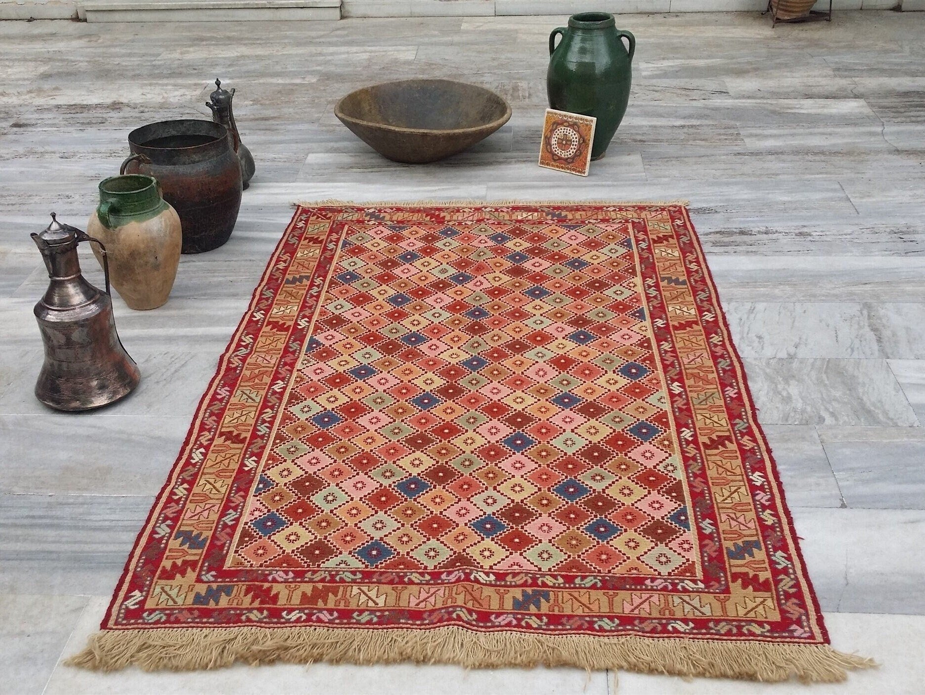 Red Blue Brown Soumak Kilim 6 x 4 ft Vintage Turkish Handmade Embroidered Rug, Natural Wool Handmade Boho Rustic Persian Area Geometric Rug