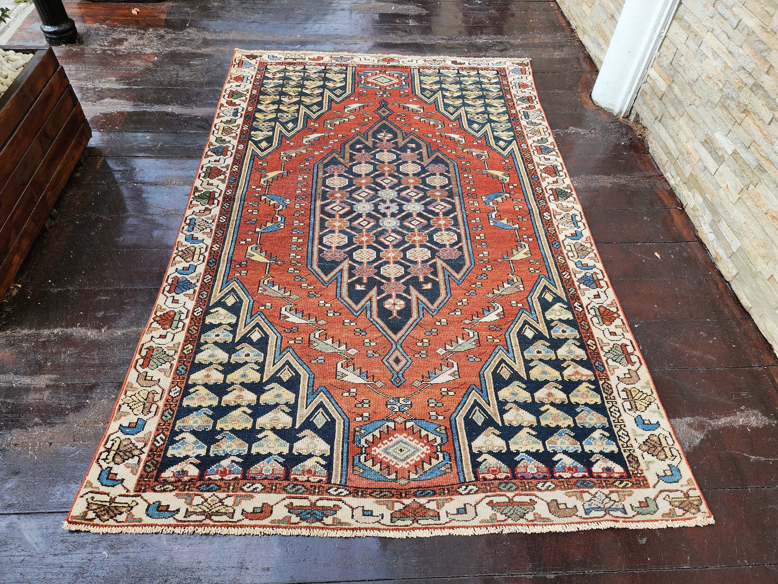 Orange Blue and Beige Natural Wool Vintage Persian Rug 6'2'' x ''4''