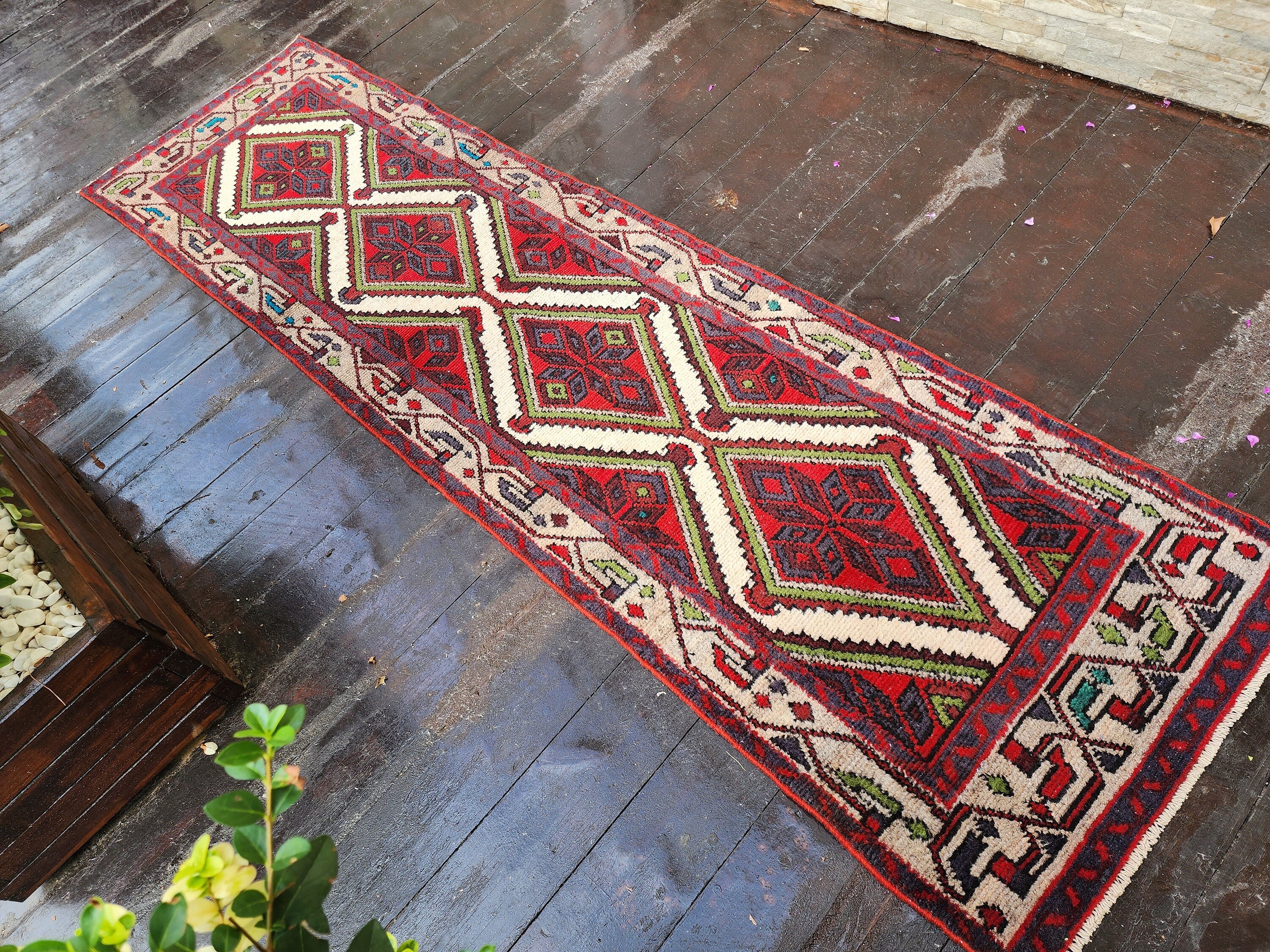 Persian Hallway Long Runner Rug 8 x 2 ft Red White Green Vintage Turkish Natural Wool Recycled  Rug, Boho Rustic Decor Antique Entryway Rug