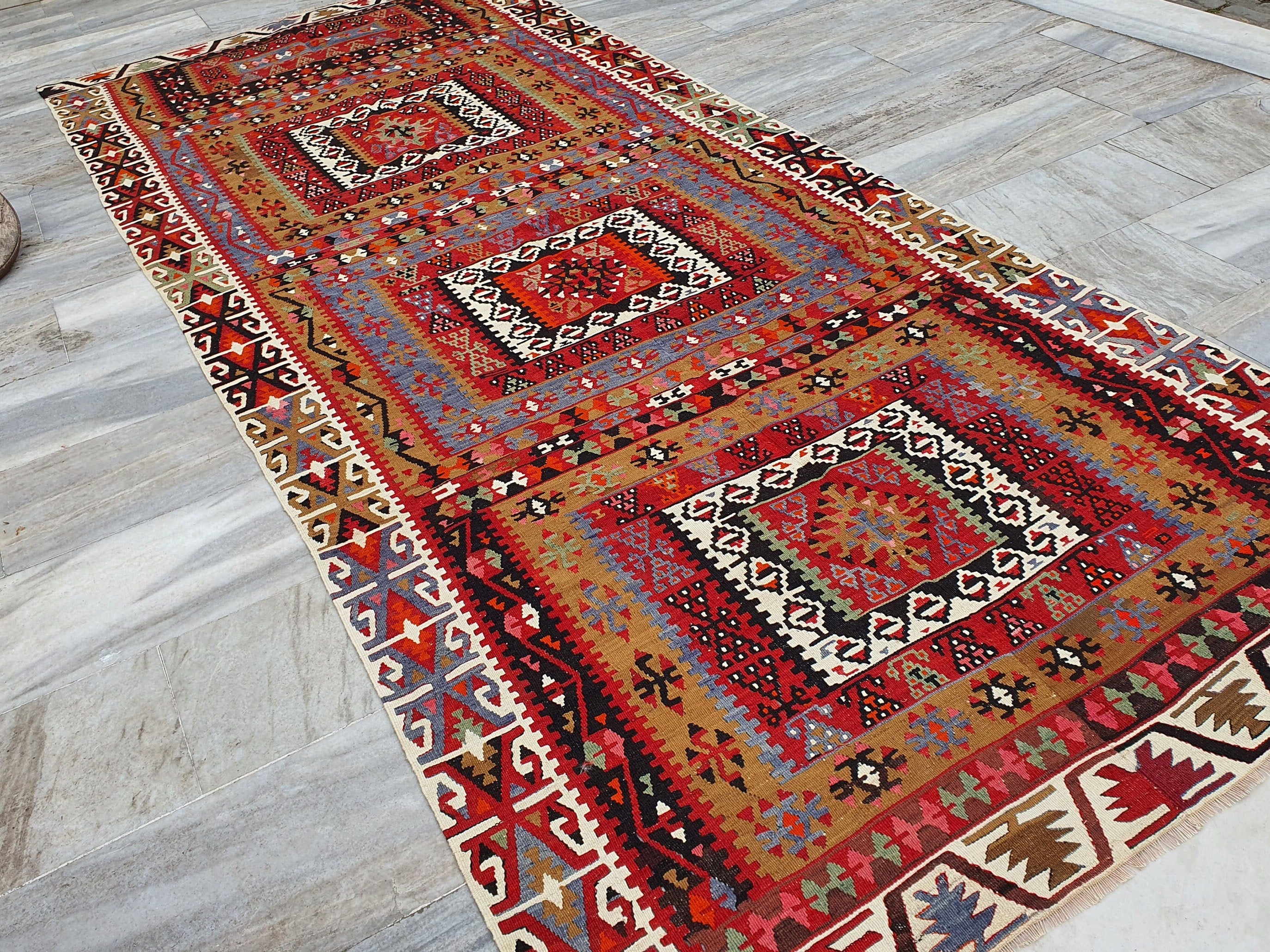 Kayseri Turkish Kilim Rug, Handmade Organic Wool Vintage Rug, Boho Rustic Anatolian Home Decor, Moroccan Carpet Persian Area Rug 11'7"x5'2"