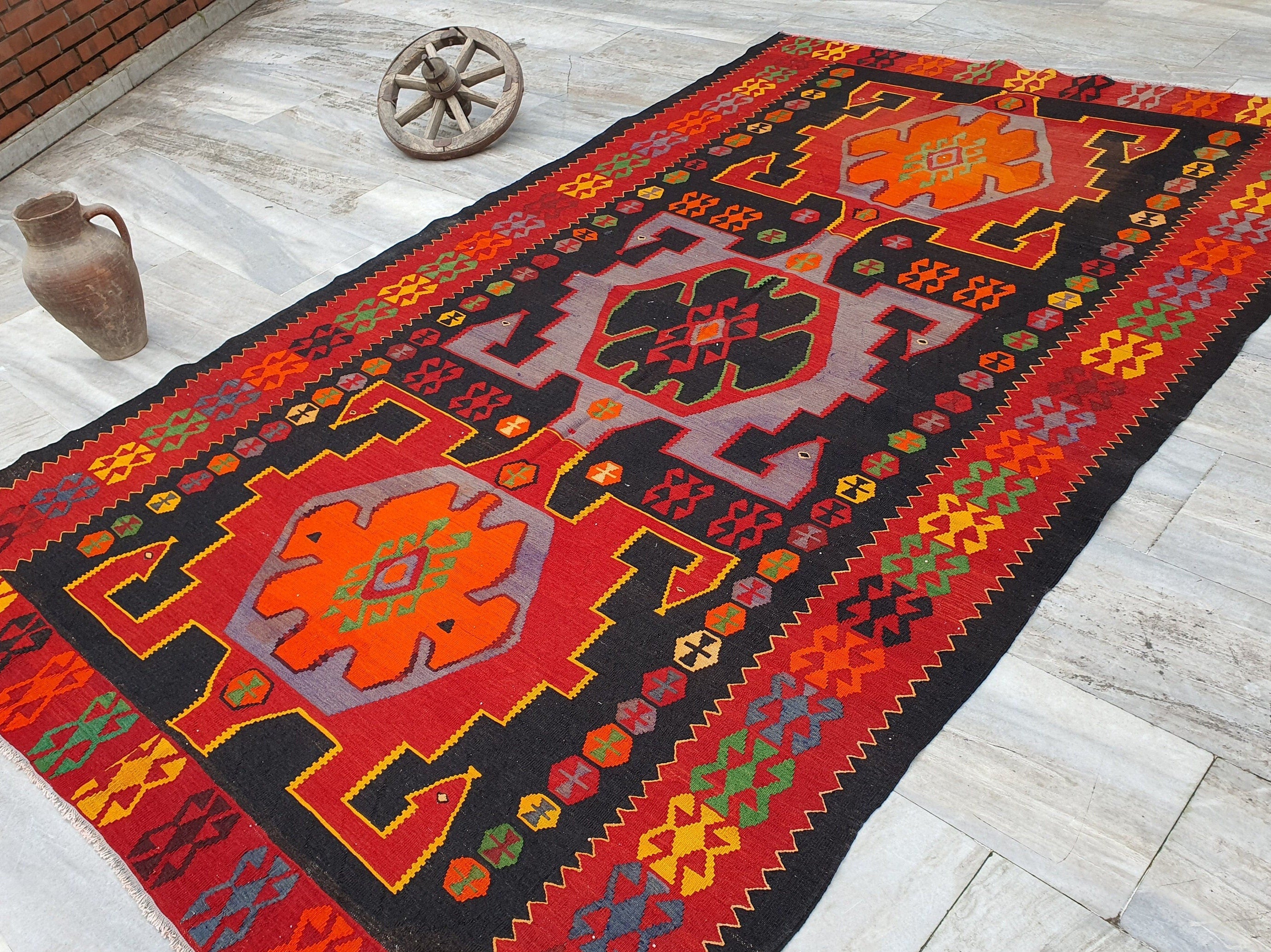 Vintage Decor Persian Area Kilim Living Room, Moroccan Style Handwoven Wool Rug, Bohemian Decor Rustic Rug, Colorful Turkish Rug 9.9*6.3 ft