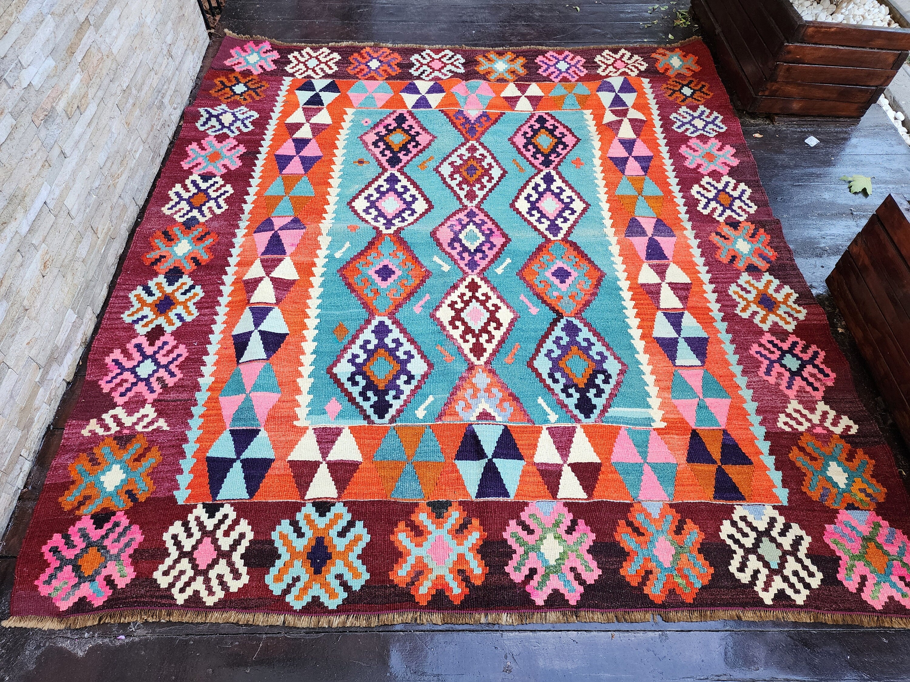 Turkish Kilim Rug 6'7''x6'1'' Green Orange Brown Natural Wool Handmade Vintage Rug