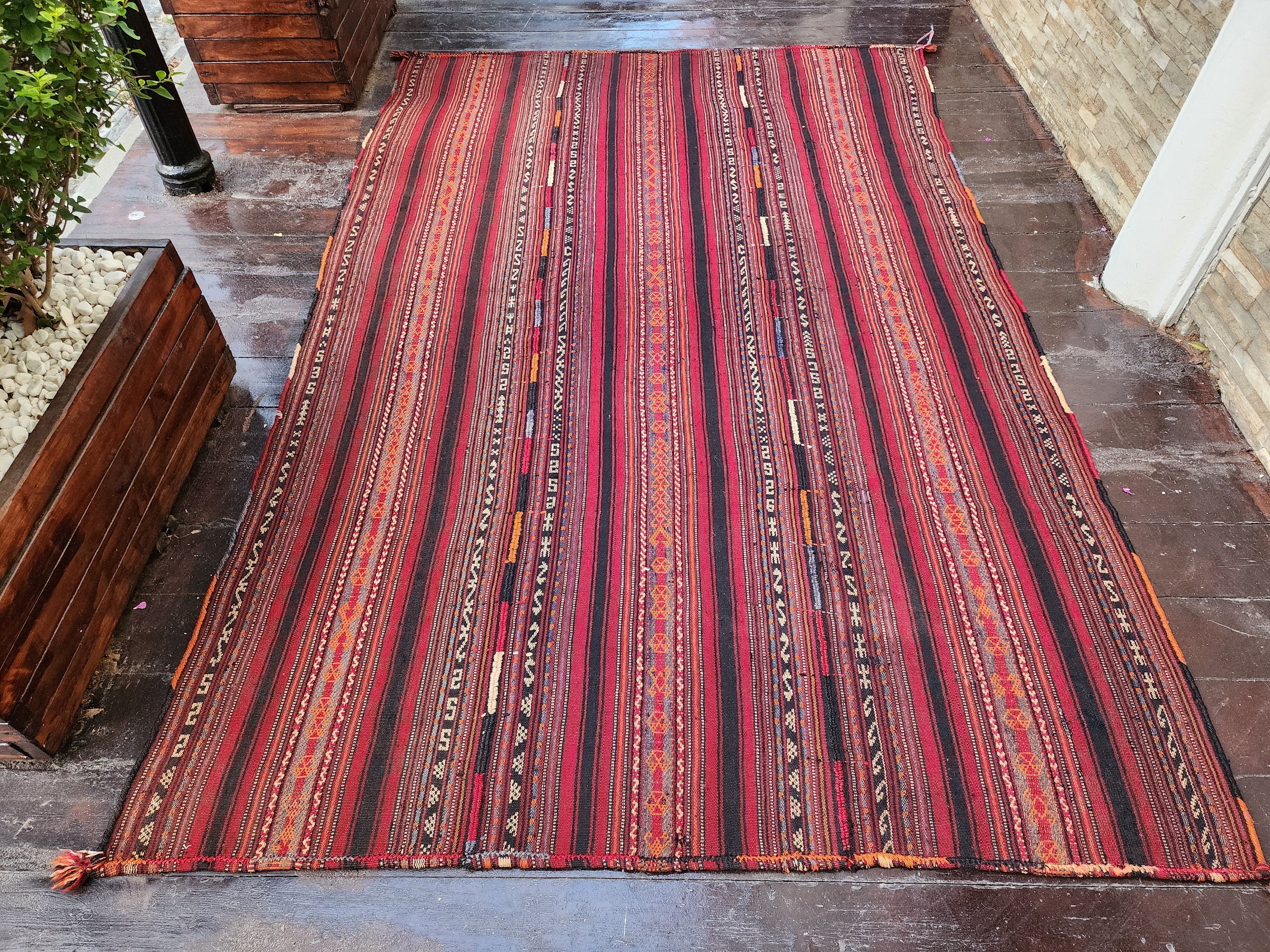 Tribal Kilim Rug, Living Room Rug, Rustic Rug, Organic Wool Rug, Antique Rugs, Ethnic Boho Red and Grey Striped Persian Area Rug 7'9''x''5''
