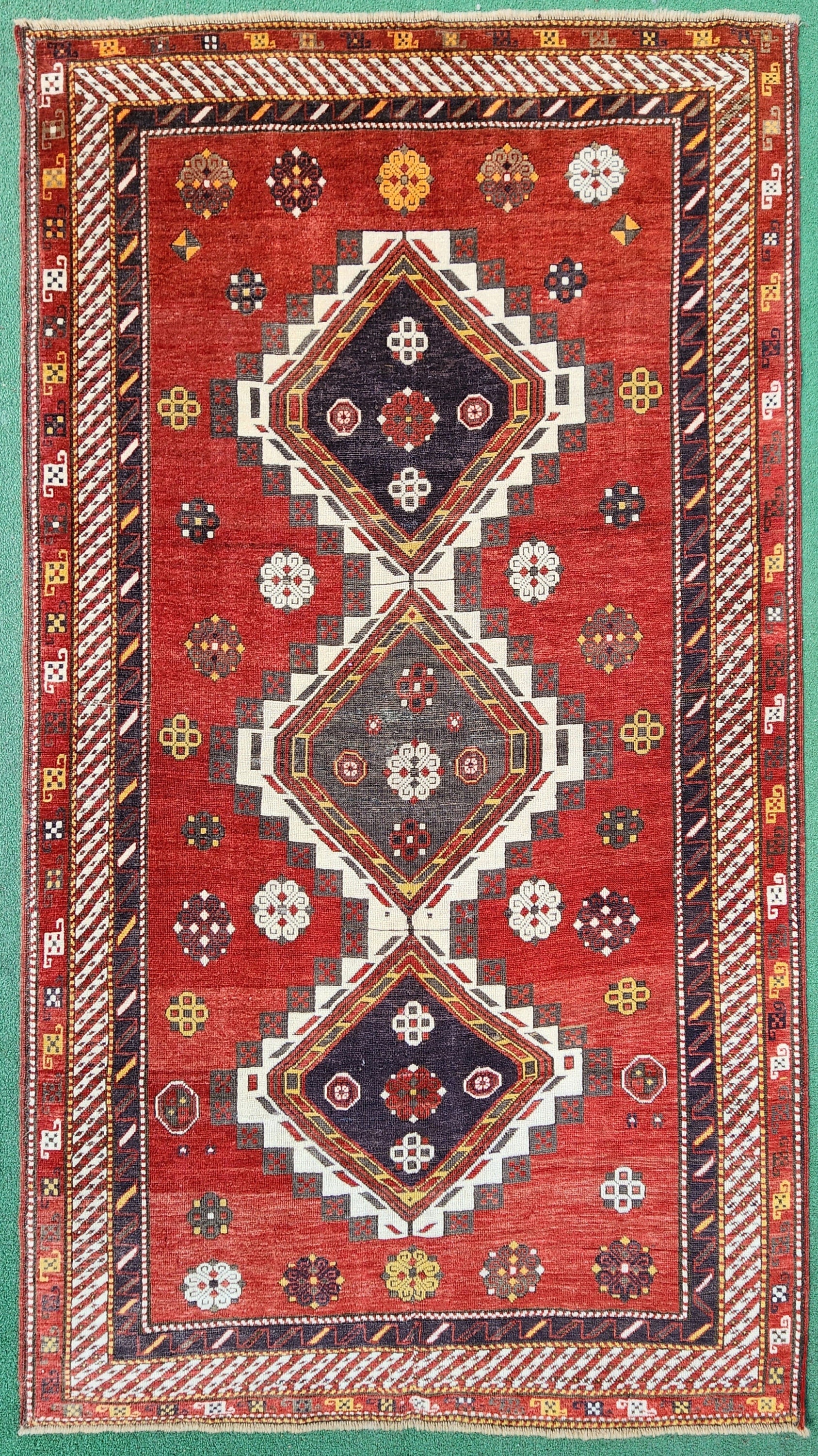 Cacuasian Antique Rug 7 x 5 ft Red Brown and White Natural Wool Vintage Turkish Rug