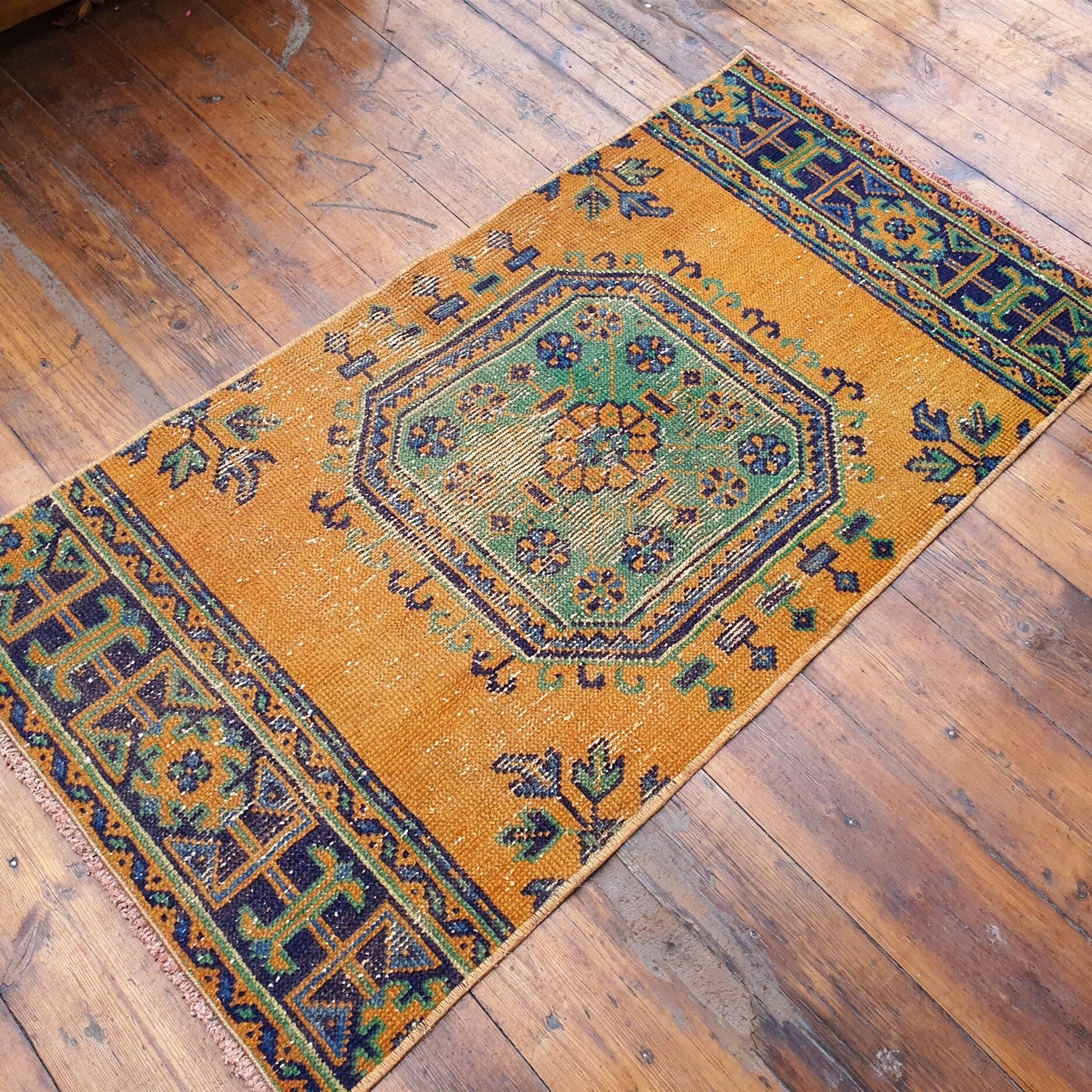 Small Turkish Rug, 4 ft 1 in x 2 ft 1 in, Apricot Orange and Teal Green Vintage Faded Distressed Door Mat