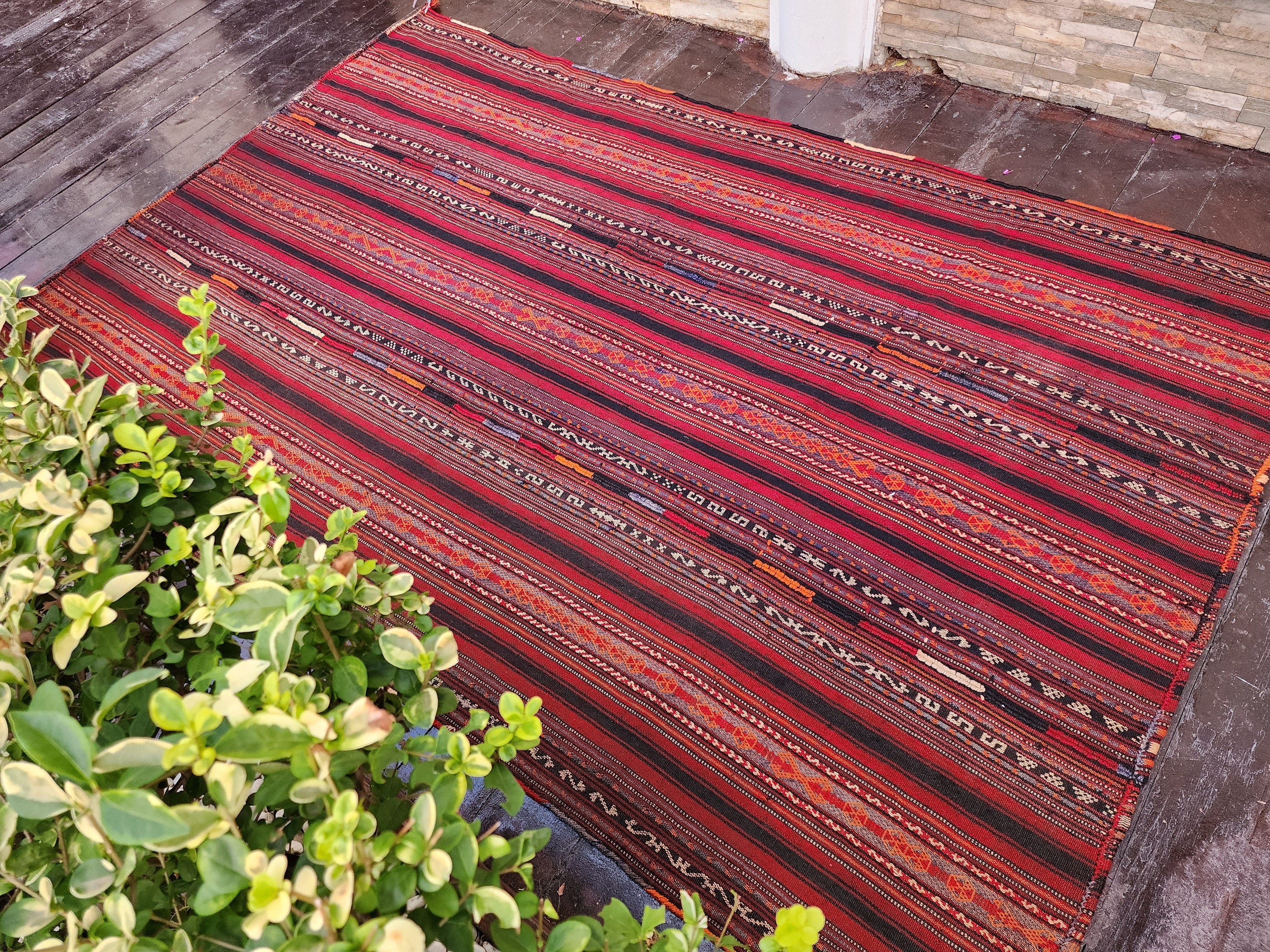 Tribal Kilim Rug, Living Room Rug, Rustic Rug, Organic Wool Rug, Antique Rugs, Ethnic Boho Red and Grey Striped Persian Area Rug 7'9''x''5''