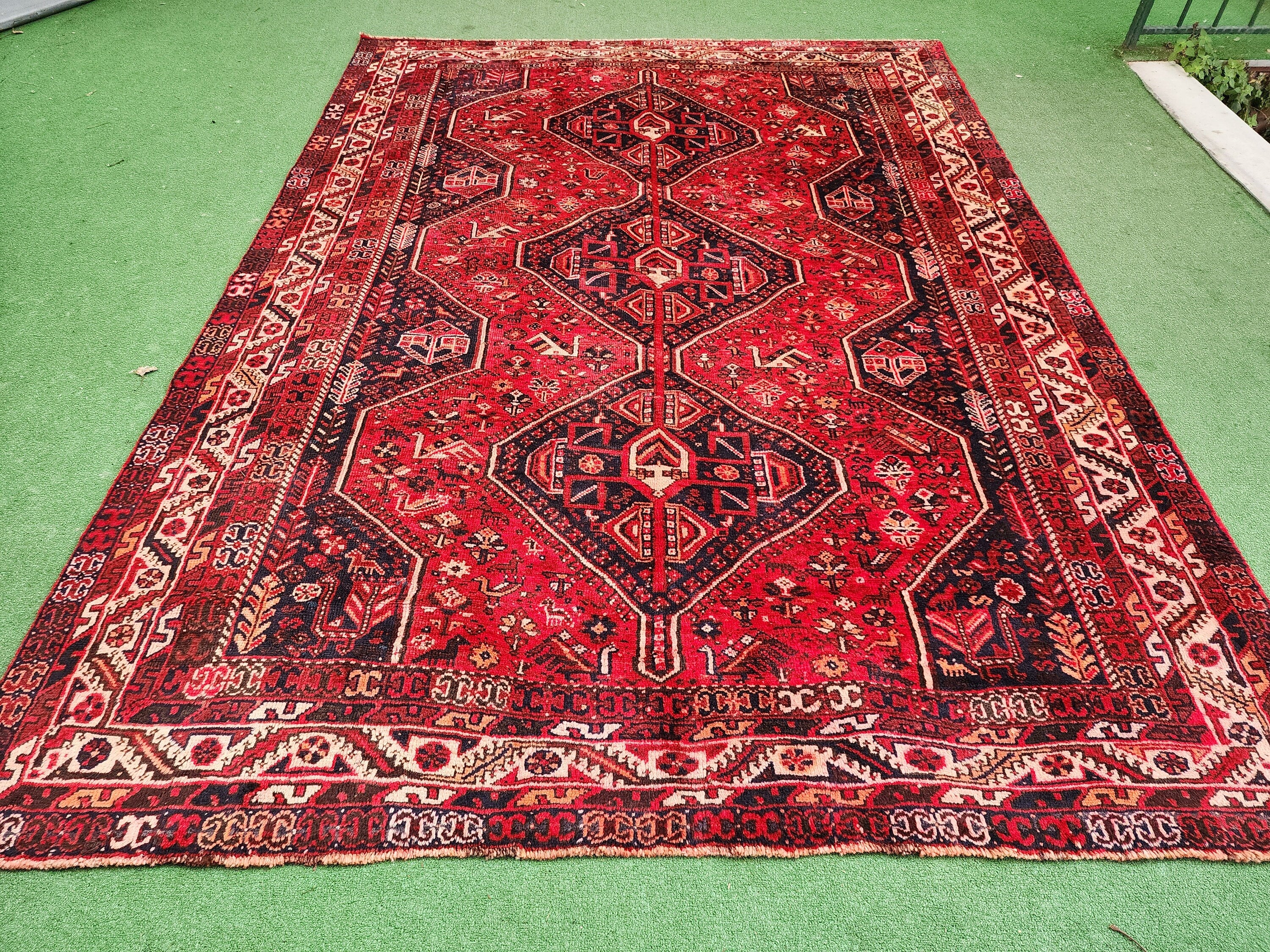 Red and Blue Persian Area Rug, Vintage Turkish Tribal Organic Wool Rug, Recycled Oriental Design Rustic Floor Rug, Carpet, 9'8'' x 7'2'' ft