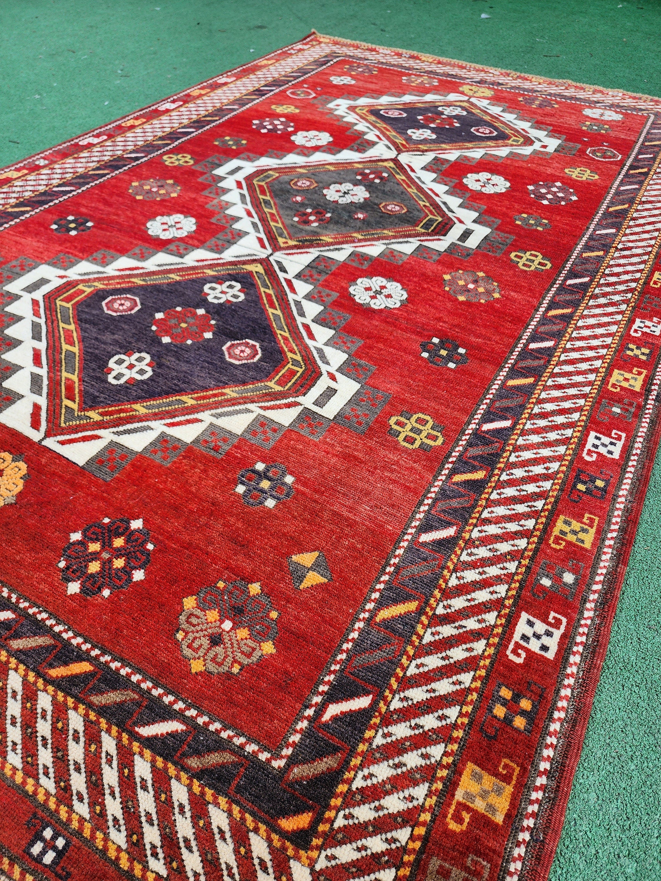 Cacuasian Antique Rug 7 x 5 ft Red Brown and White Natural Wool Vintage Turkish Rug