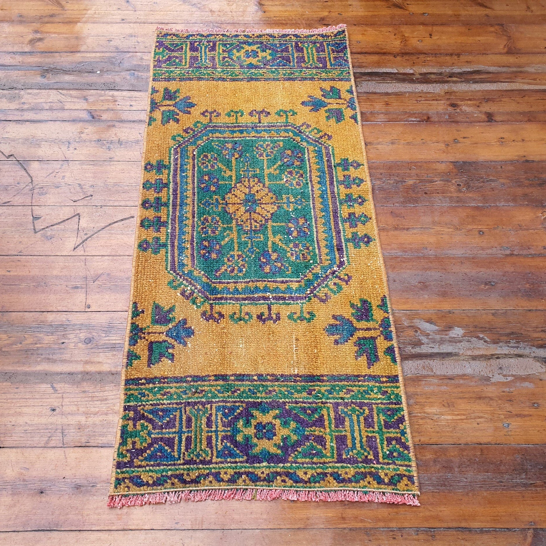 Small Turkish Rug, 4 ft 3 in x 1 ft 8 in, Apricot Orange and Teal Green / Grey Vintage Faded Distressed Door Mat