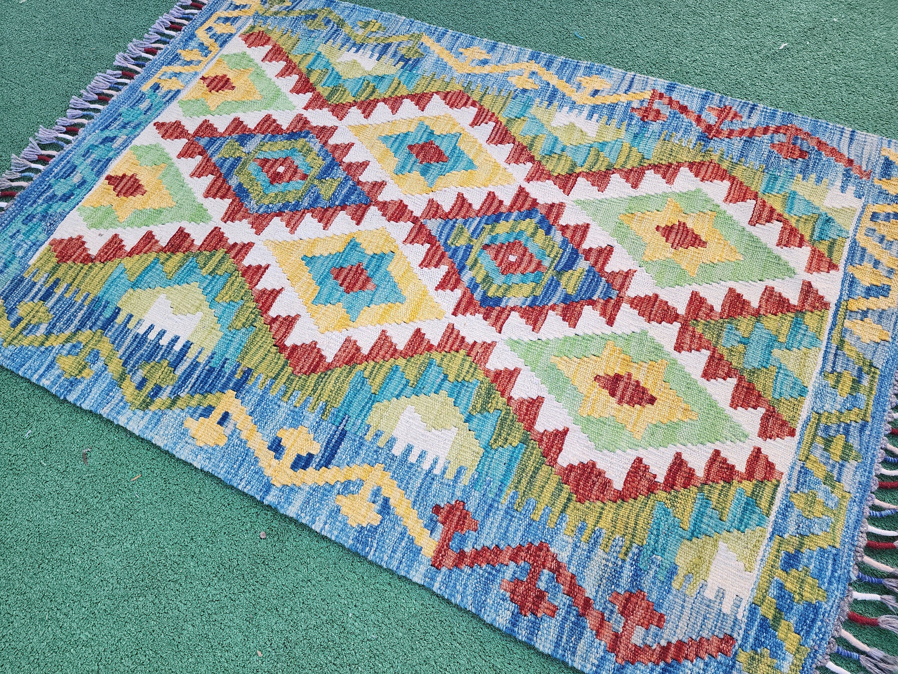 Afghan Kilim Vintage Rug 3 ft 9 in x 2 ft 6 in, Rust Red, Blue and Off-White Turkish Rug