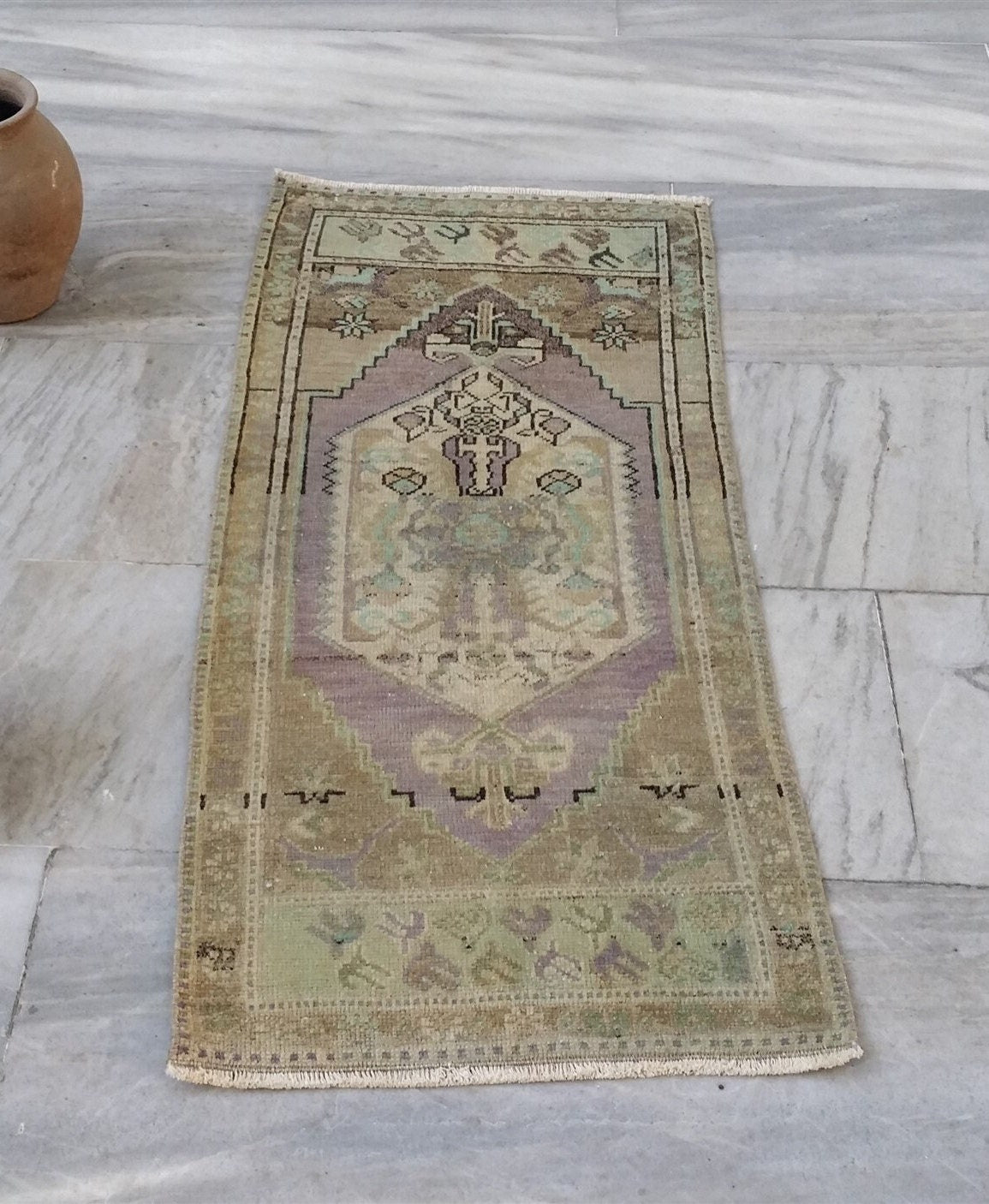 Vintage Turkish Small Rug, 3 ft 4 in x 1 ft 5 in, Pink, Green/Grey and Beige Faded Distressed Antique Style Mat