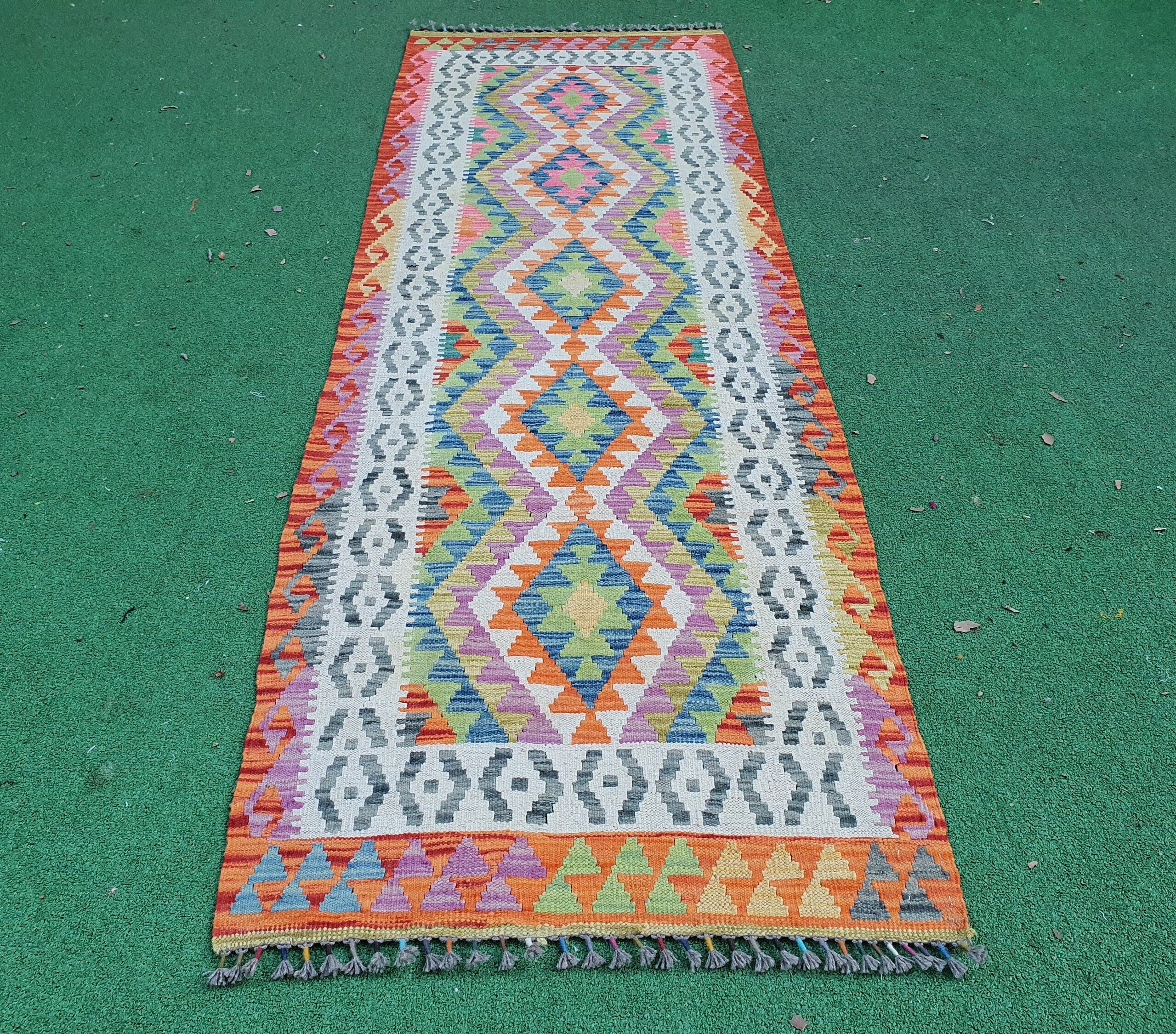Purple White Orange Kilim, Hallway Runner Rug, Handmade Organic Wool Retro Style Persian Area Rug, Bohemian Rustic Home Decor 8'3"x2'8"