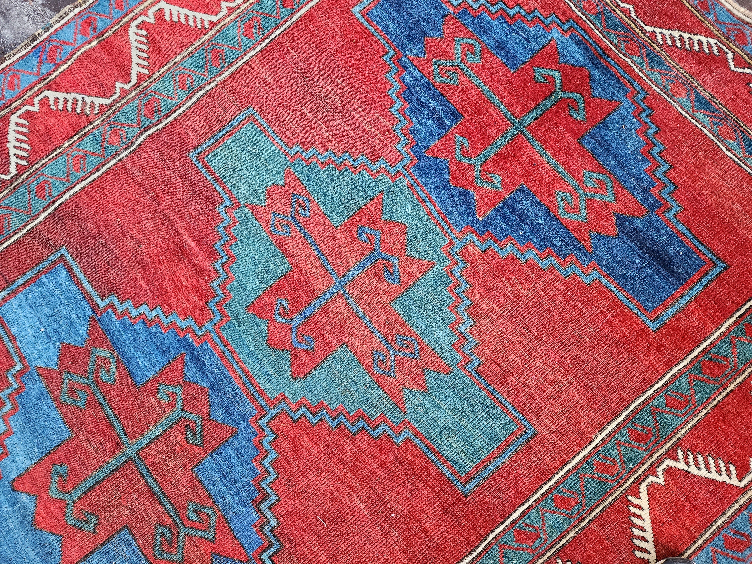 Antique Caucasian Fahrola Rug 6 x 4 ft, Red Blue and Green Tribal Persian Area Rug