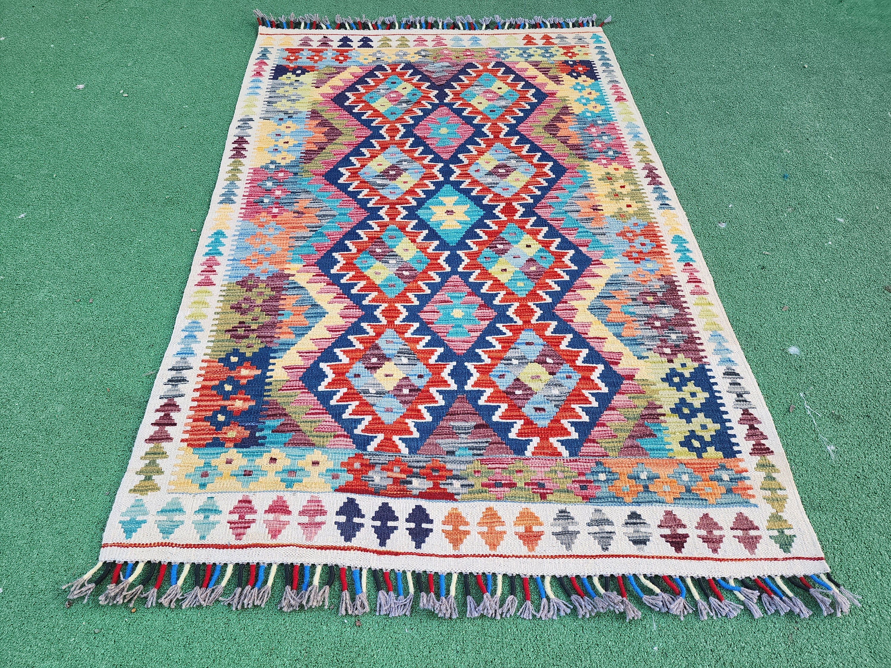 Afghan Maimana Kilim Rug, 5 ft x 3 ft 3 in, Rust Red, Blue, Brown and Off-White Turkish Kilim Rug