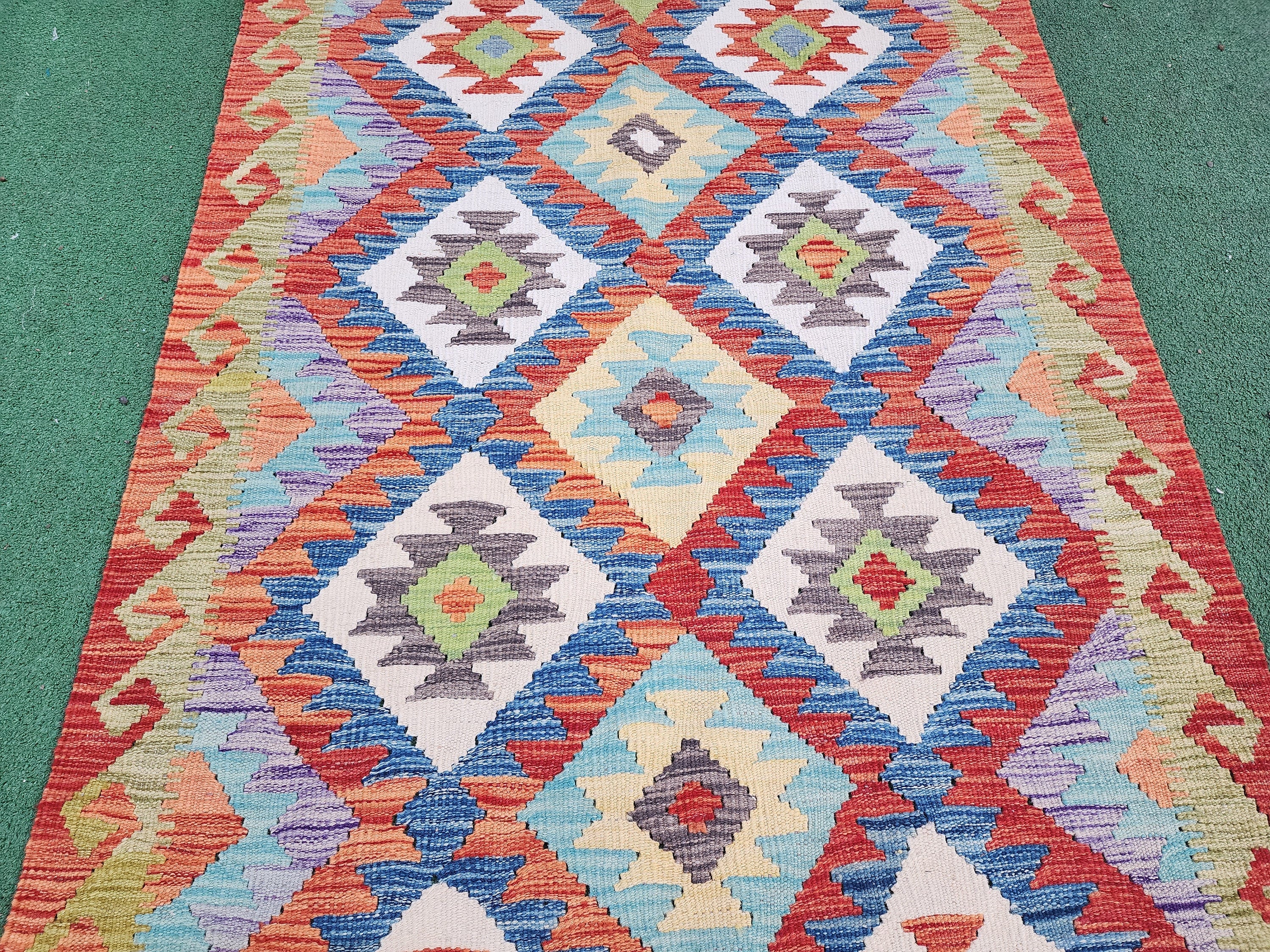 Afghan Kilim Rug,5 ft 3 in x 3 ft 4 in, Rust Red, Blue and Off-White Contemporary Turkish Rug