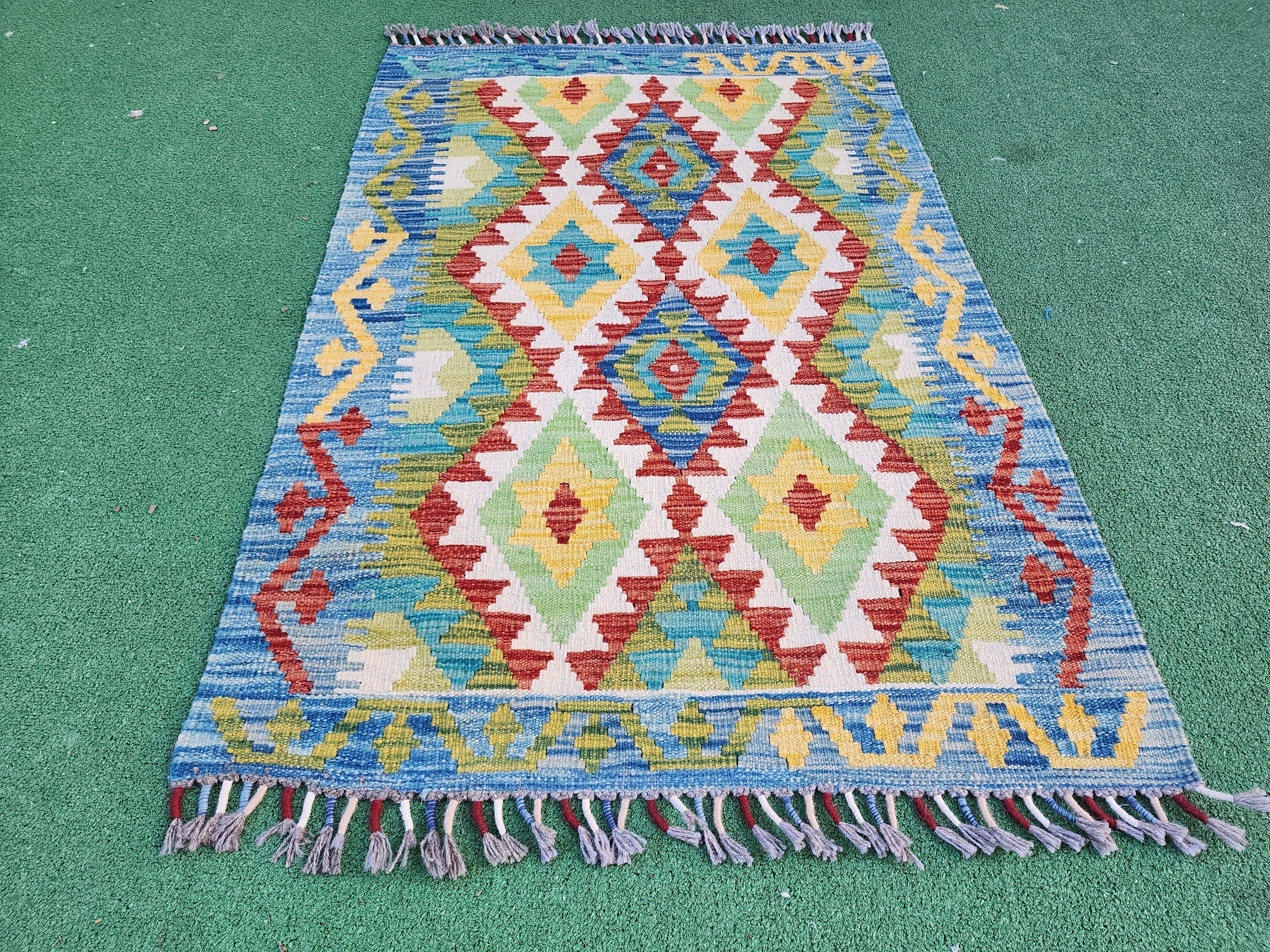 Afghan Kilim Vintage Rug 3 ft 9 in x 2 ft 6 in, Rust Red, Blue and Off-White Turkish Rug