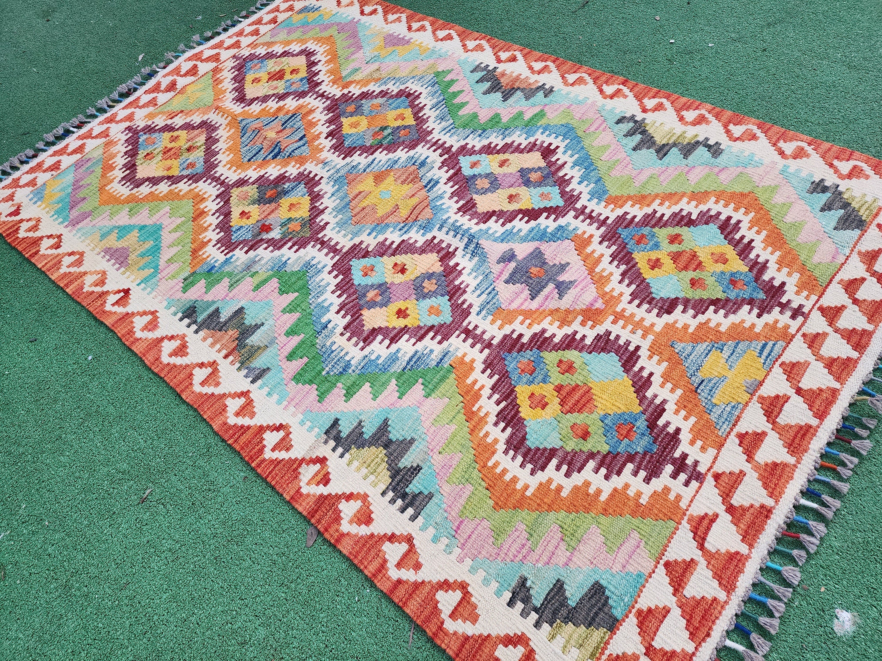 Afghan Kilim Rug, 5 x 3 ft Rust Red, Green Blue and Off White Contemporary Rug