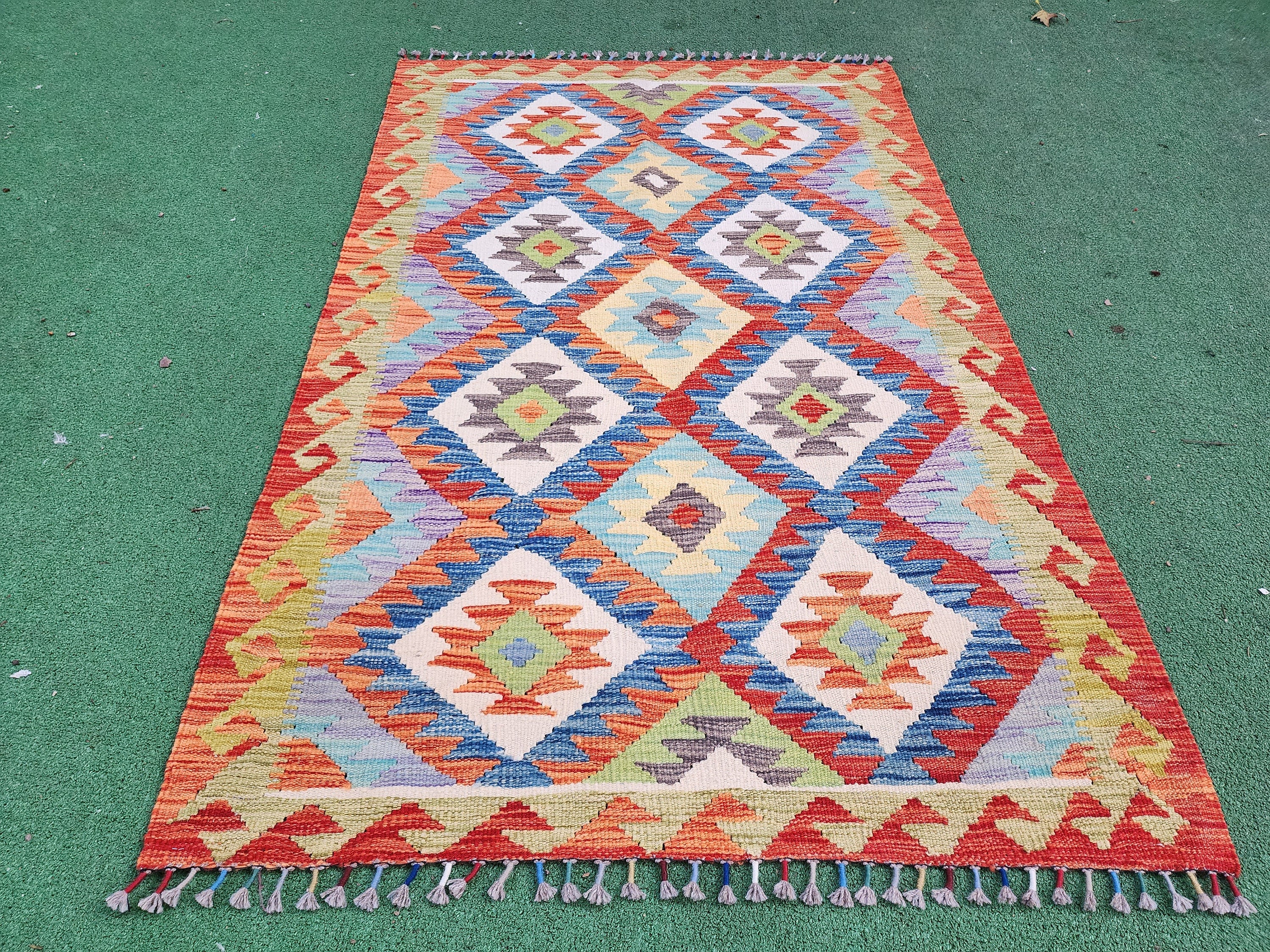 Afghan Kilim Rug,5 ft 3 in x 3 ft 4 in, Rust Red, Blue and Off-White Contemporary Turkish Rug