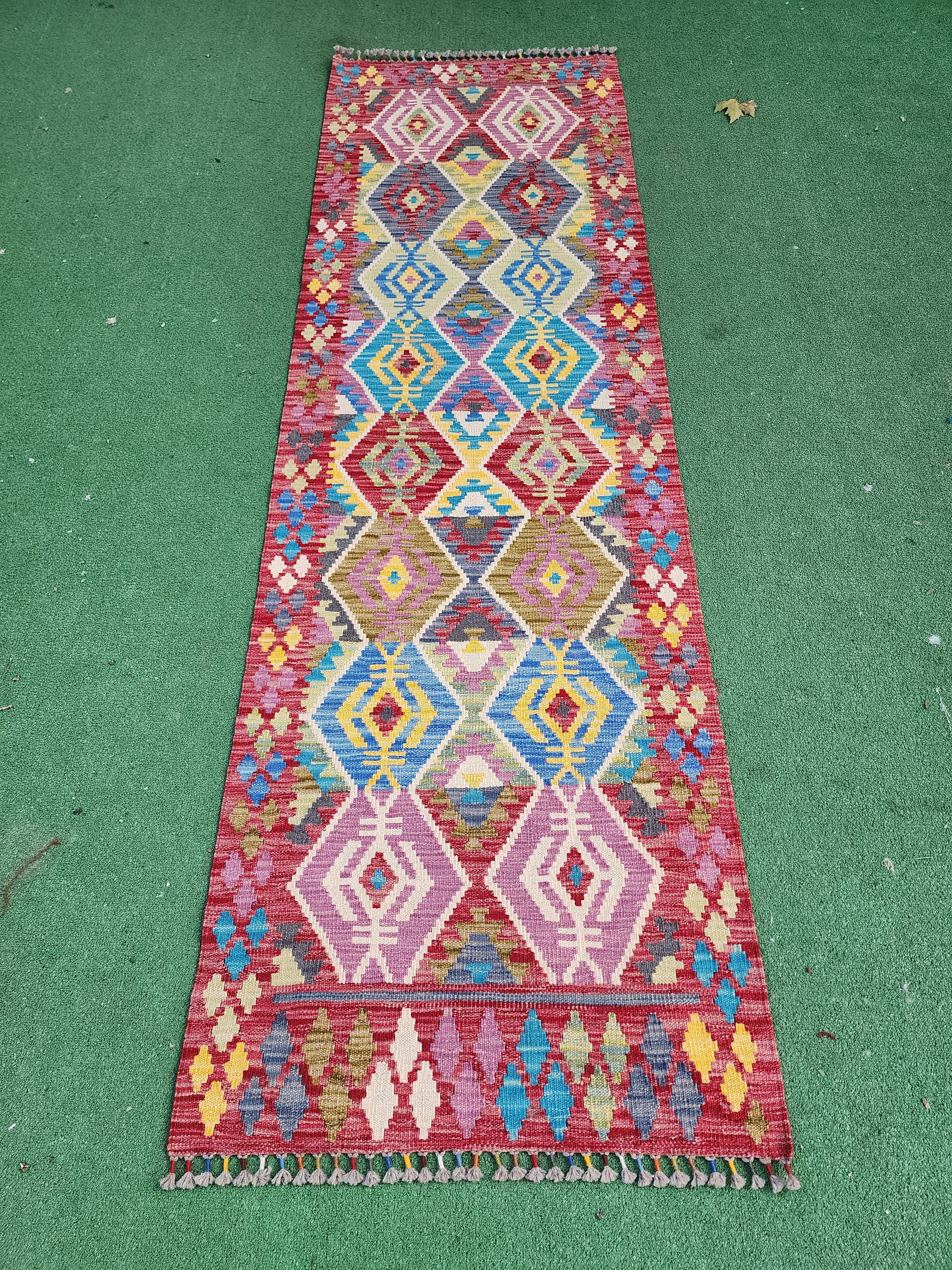 Afghan Kilim Vintage Rug, 8 ft x 2 ft  Rust Red Blue and Off White Turkish Hallway Runner