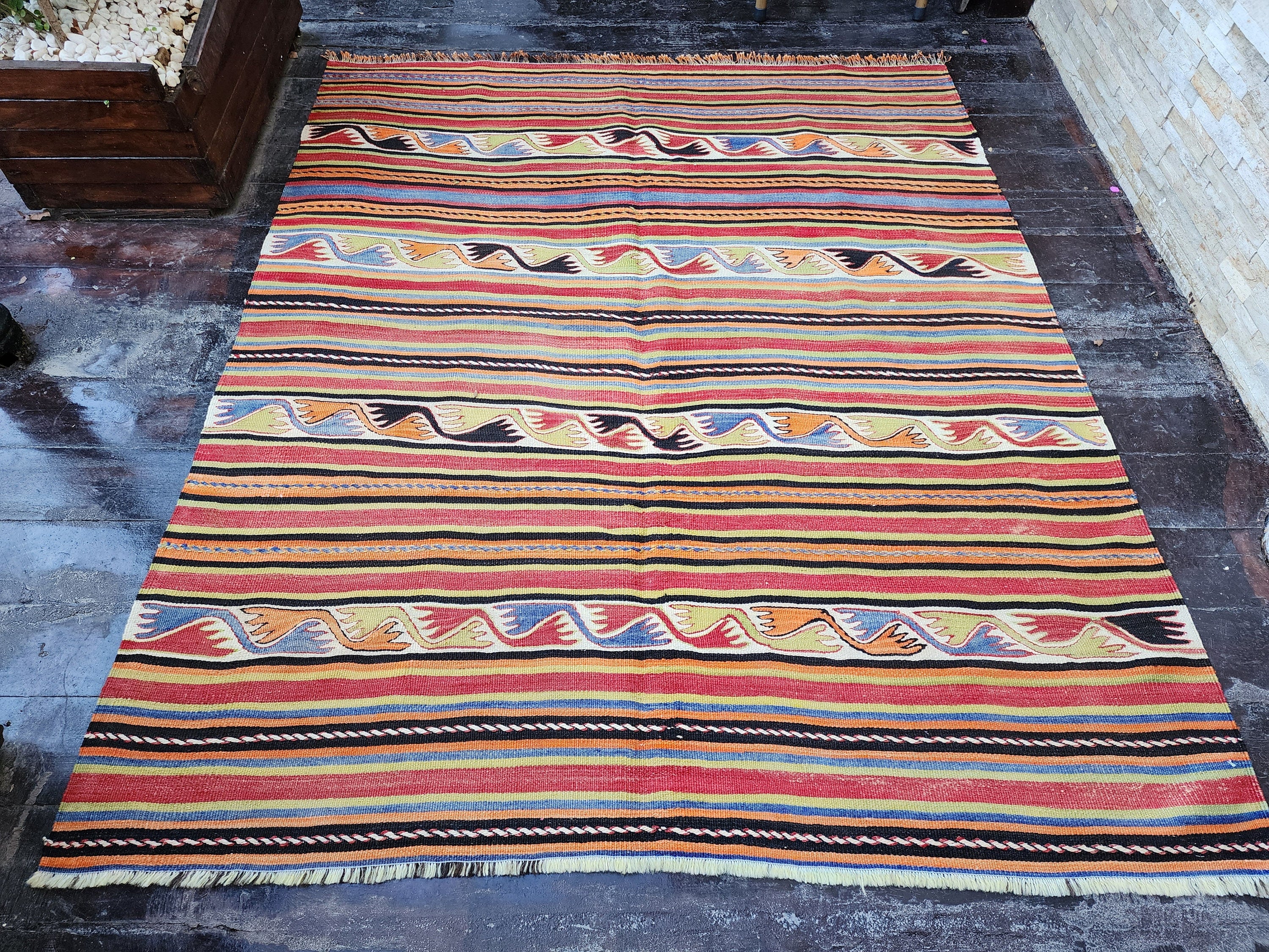 Konya Turkish Kilim Rug, Handmade Organic Wool Rug, Tribal Nomadic Moroccan Bohemian Living Room Rustic Decor Persian Area Rug 6'1"x''5"
