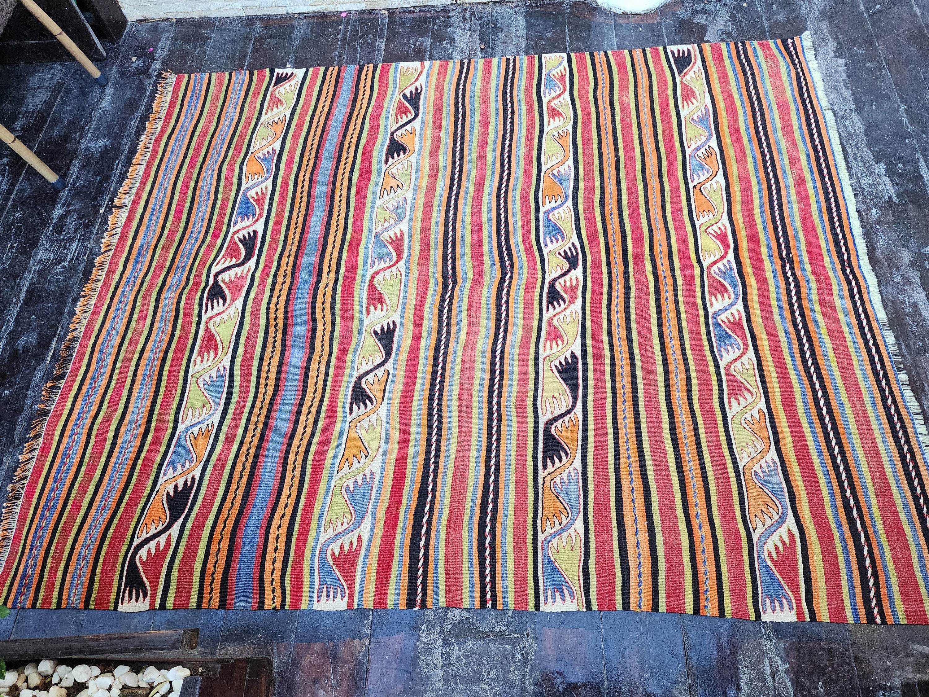 Konya Turkish Kilim Rug, Handmade Organic Wool Rug, Tribal Nomadic Moroccan Bohemian Living Room Rustic Decor Persian Area Rug 6'1"x''5"