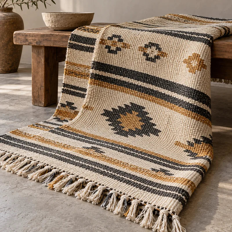 Ivory charcoal and ochre flatweave rug showing woven texture and fringe